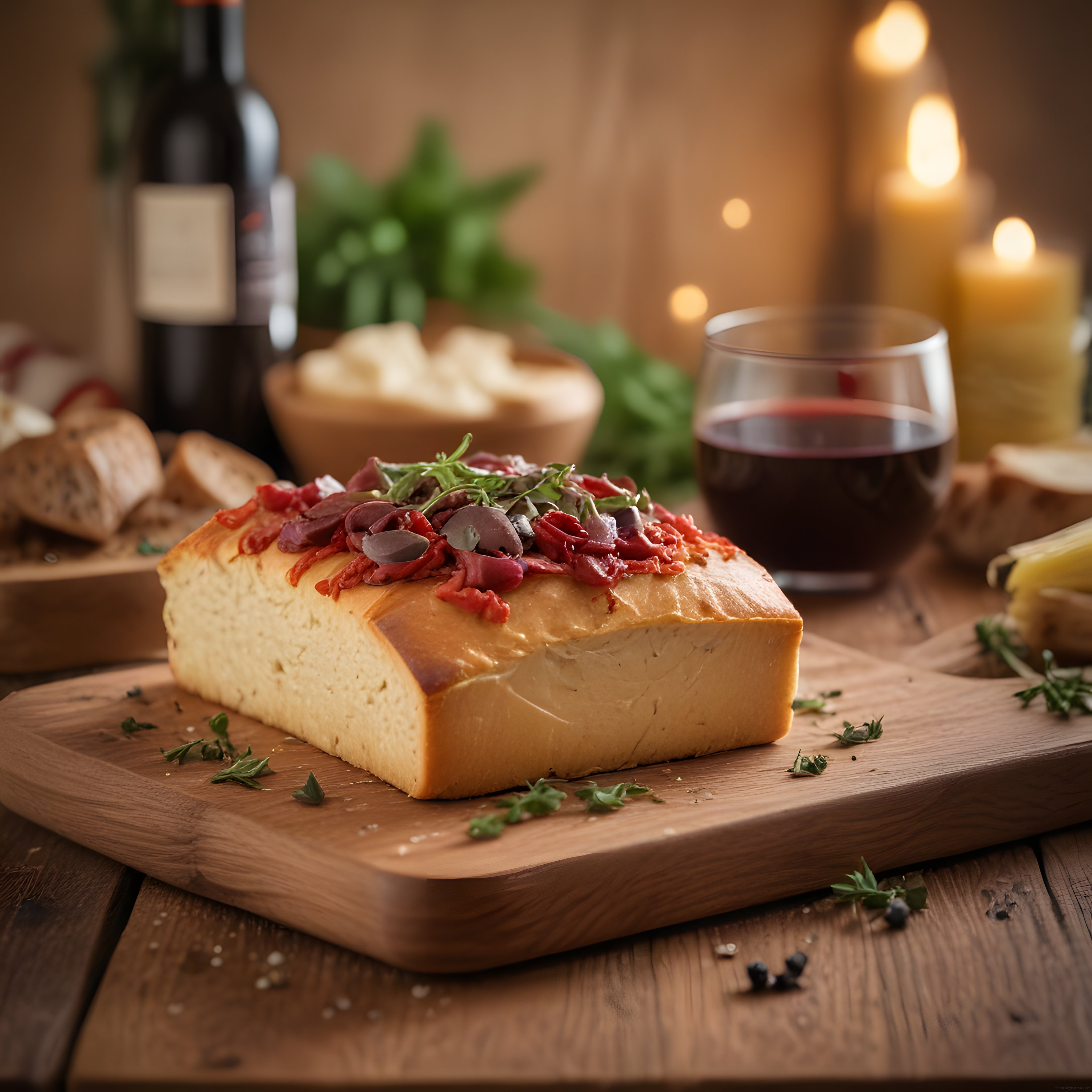 Ahşap Sunum Tahtasında Şarap Eşliğinde Zeytinli Pastırmalı Focaccia