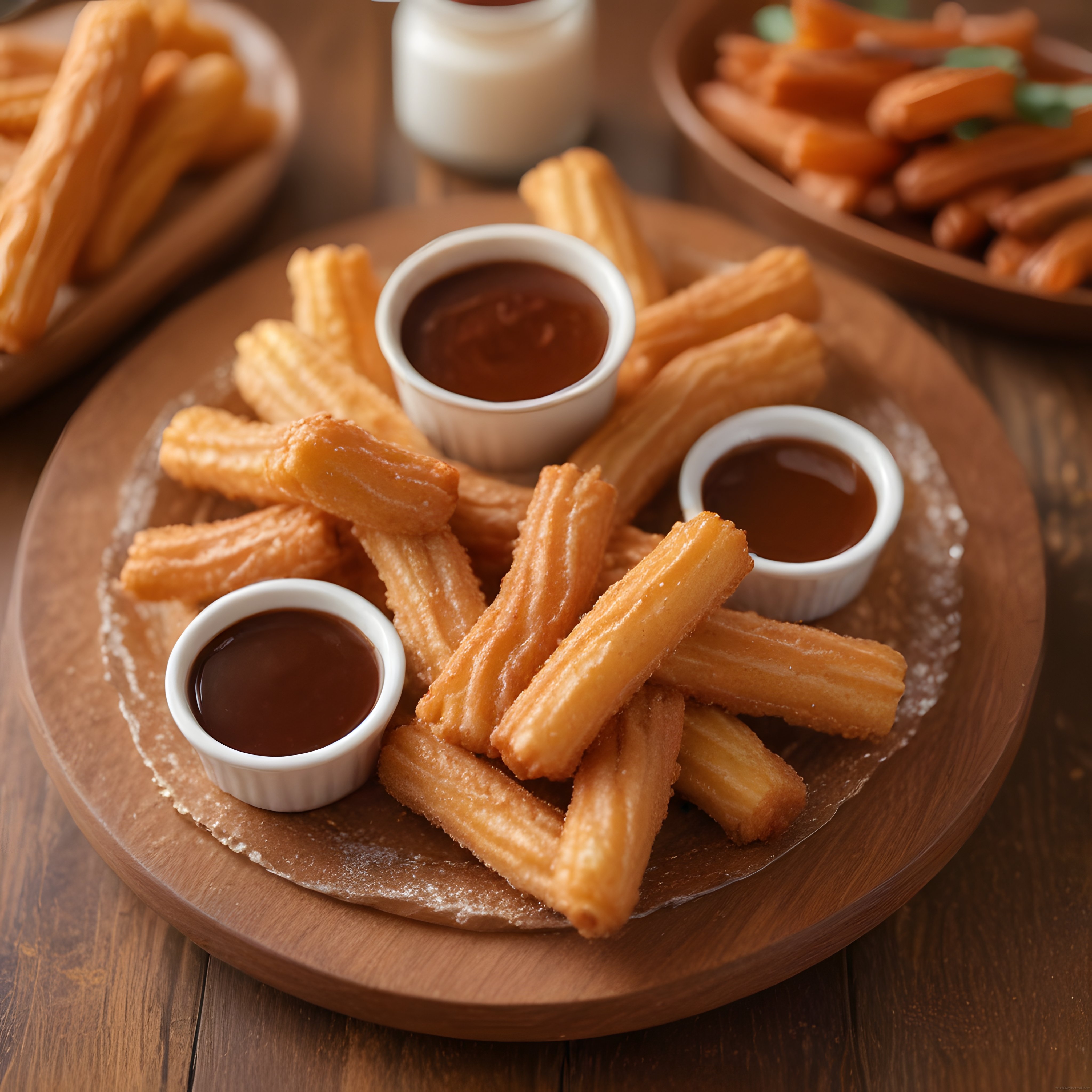 Ahşap sunum tahtasında şeker kaplı çıtır churros ve farklı çikolata soslarıyla tatlı keyfi