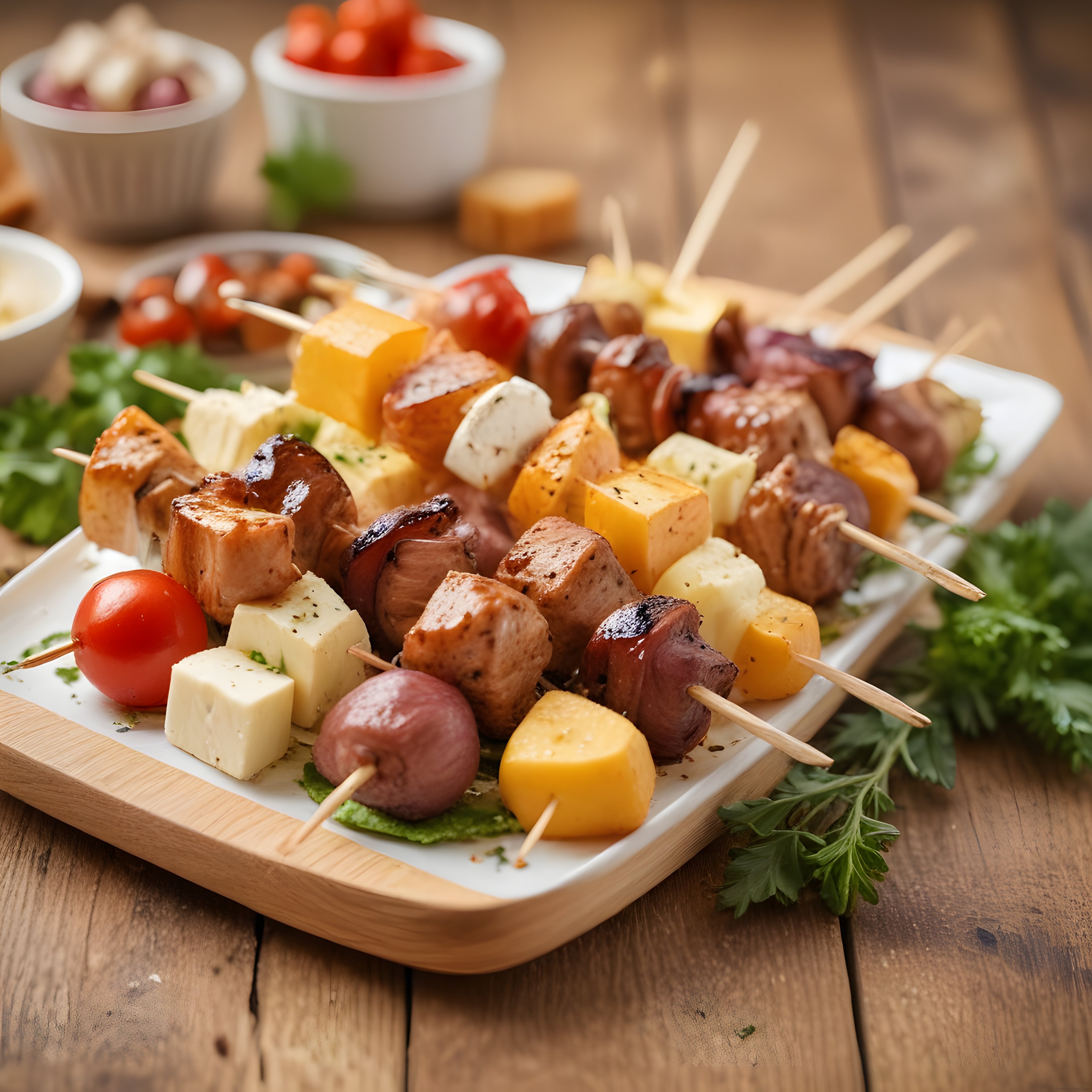 Ahşap Sunum Tahtasında Şiş Aperatifler: Peynir, Et ve Sebze İkramlığı