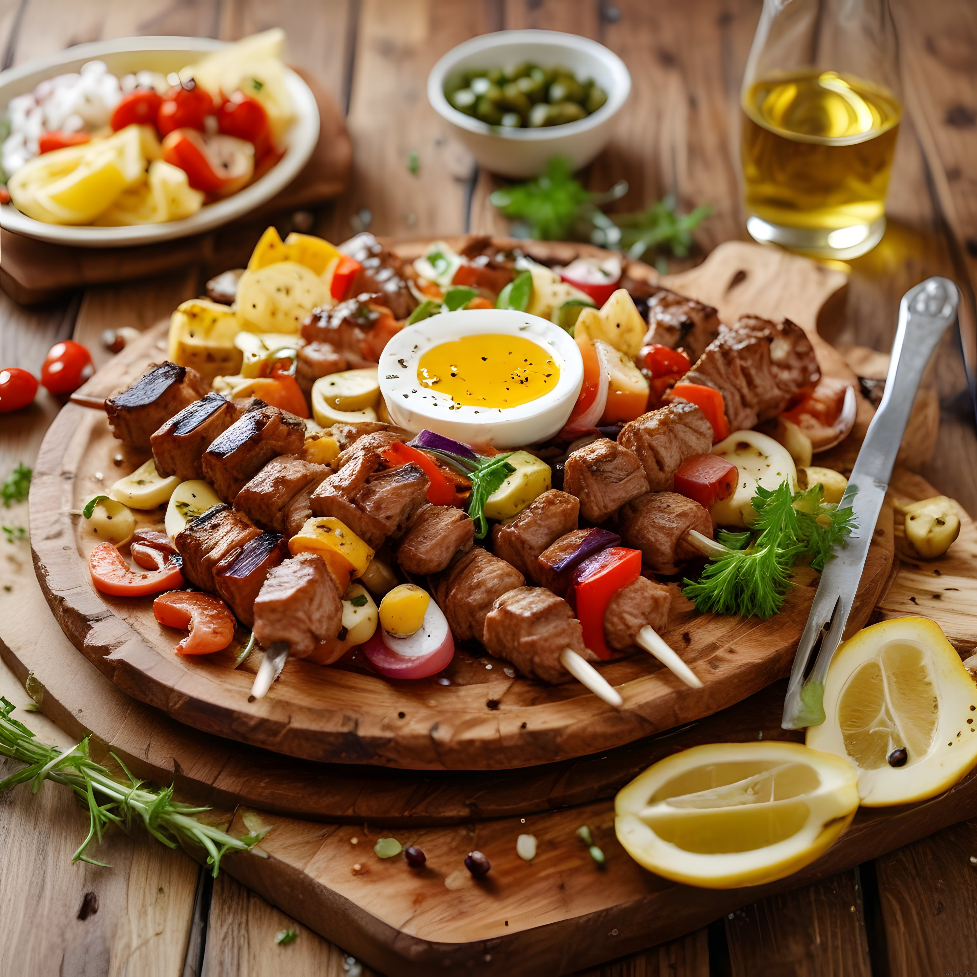 Ahşap Sunum Tahtasında Şiş Kebap, Izgara Et ve Zengin Eşlikçiler