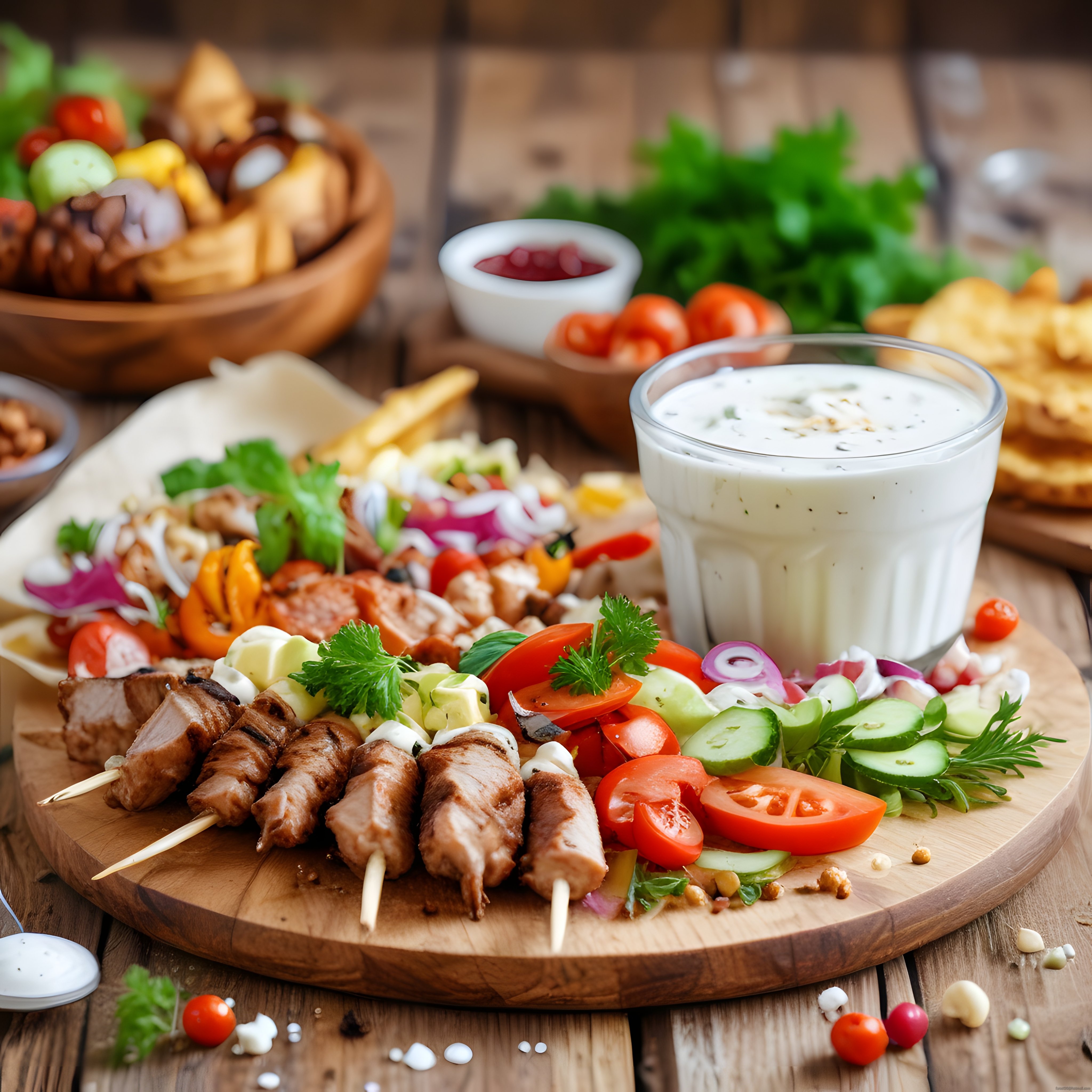Ahşap sunum tahtasında şiş kebap, salata ve ayran ile geleneksel Türk ızgarası sofrası