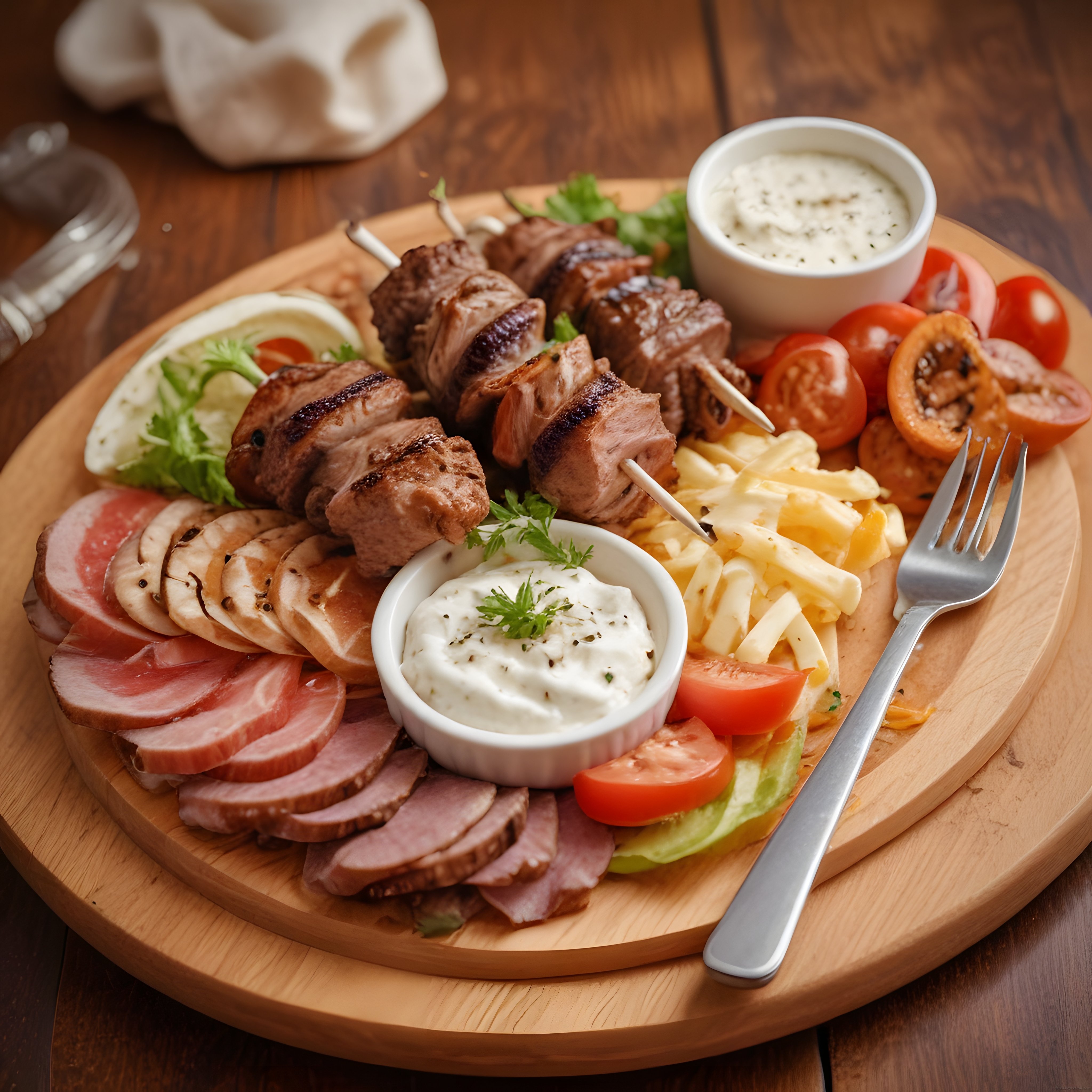 Ahşap Sunum Tahtasında Şiş Kebap, Sos ve Izgara Sebzelerle Et Tabağı