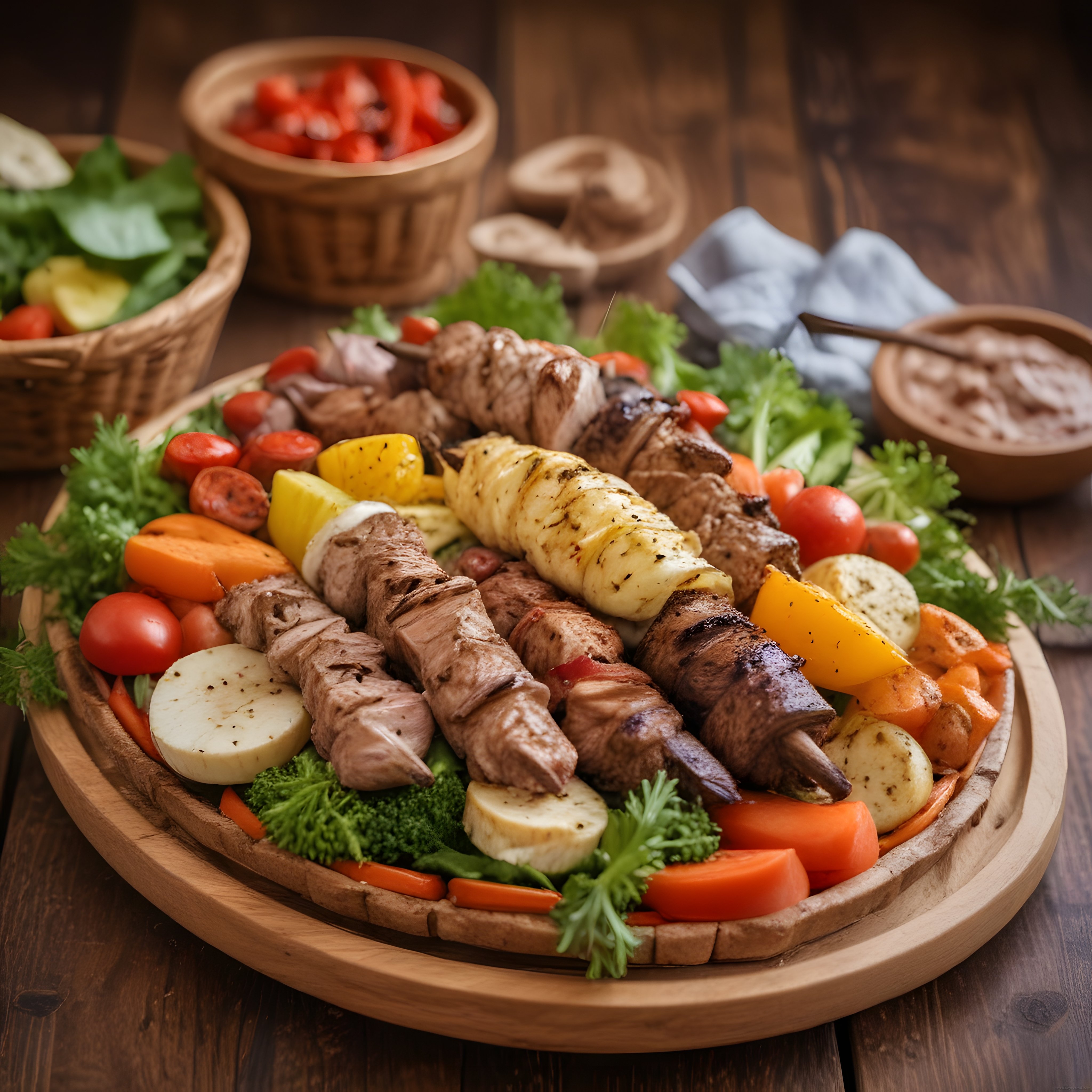 Ahşap Sunum Tahtasında Şiş Kebap ve Izgara Sebzelerle Davet Sofrası