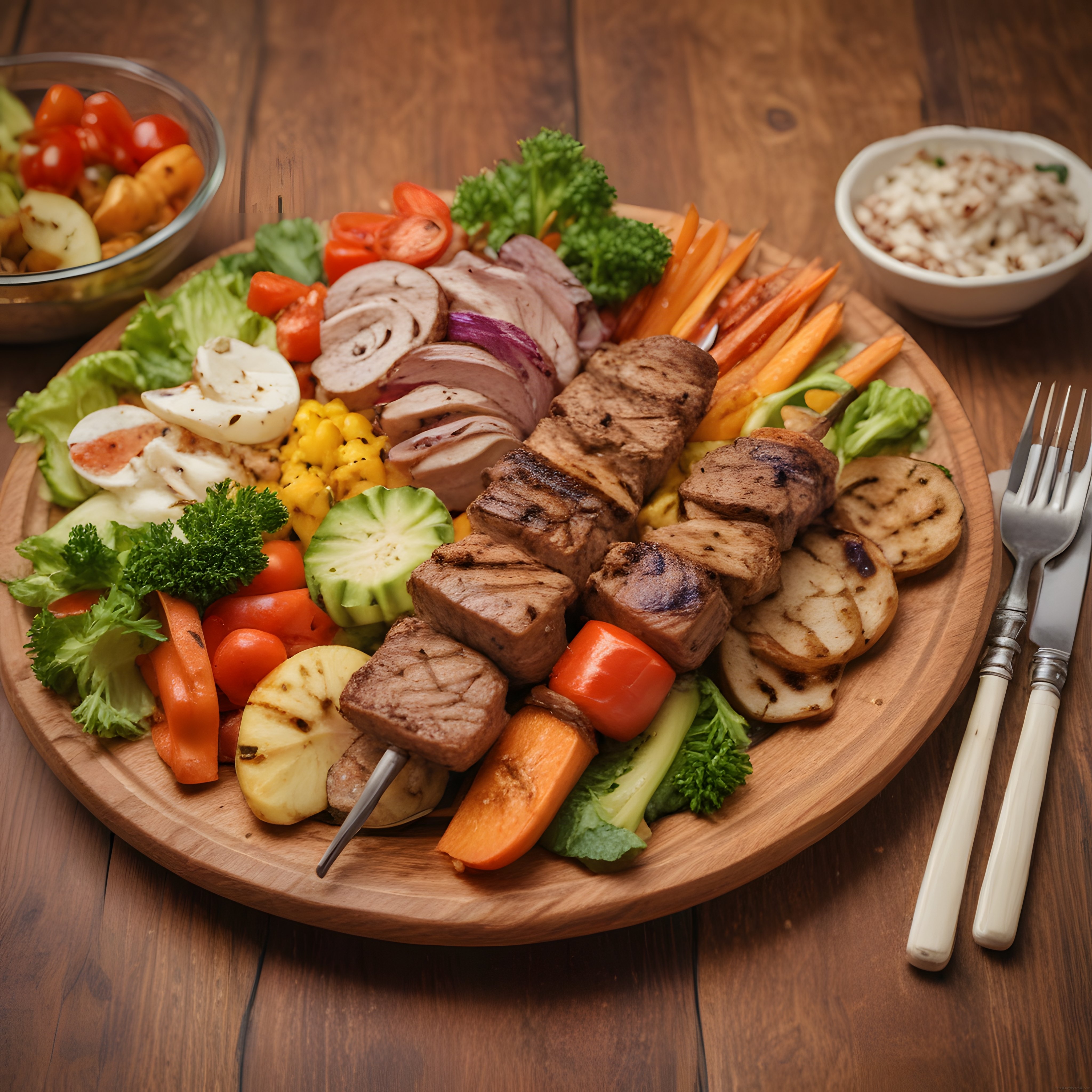 Ahşap Sunum Tahtasında Şiş Kebap ve Izgara Sebzelerle Hazırlanmış Nefis Öğün