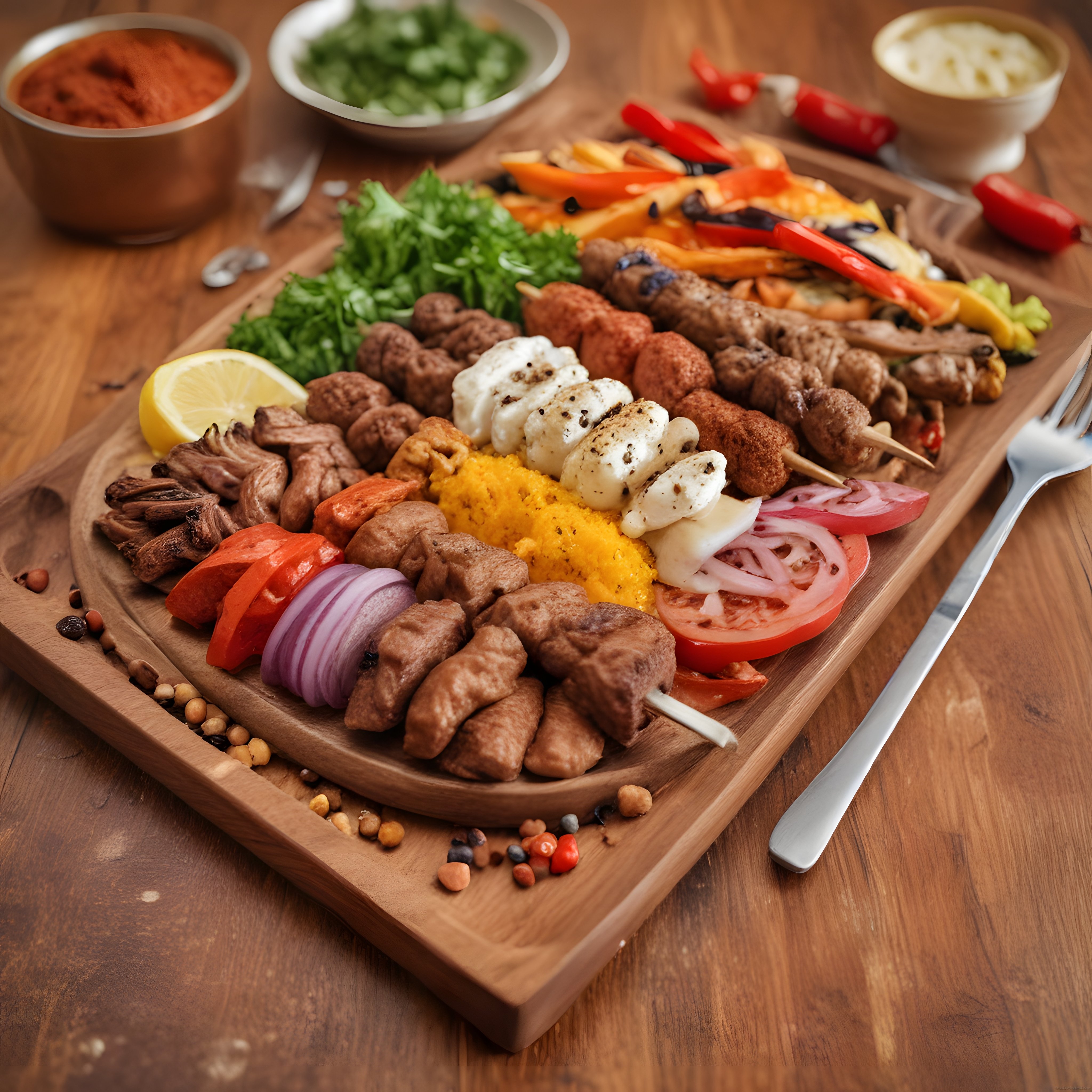 Ahşap Sunum Tahtasında Şiş Kebap ve Köfte ile Karışık Izgara Tabağı
