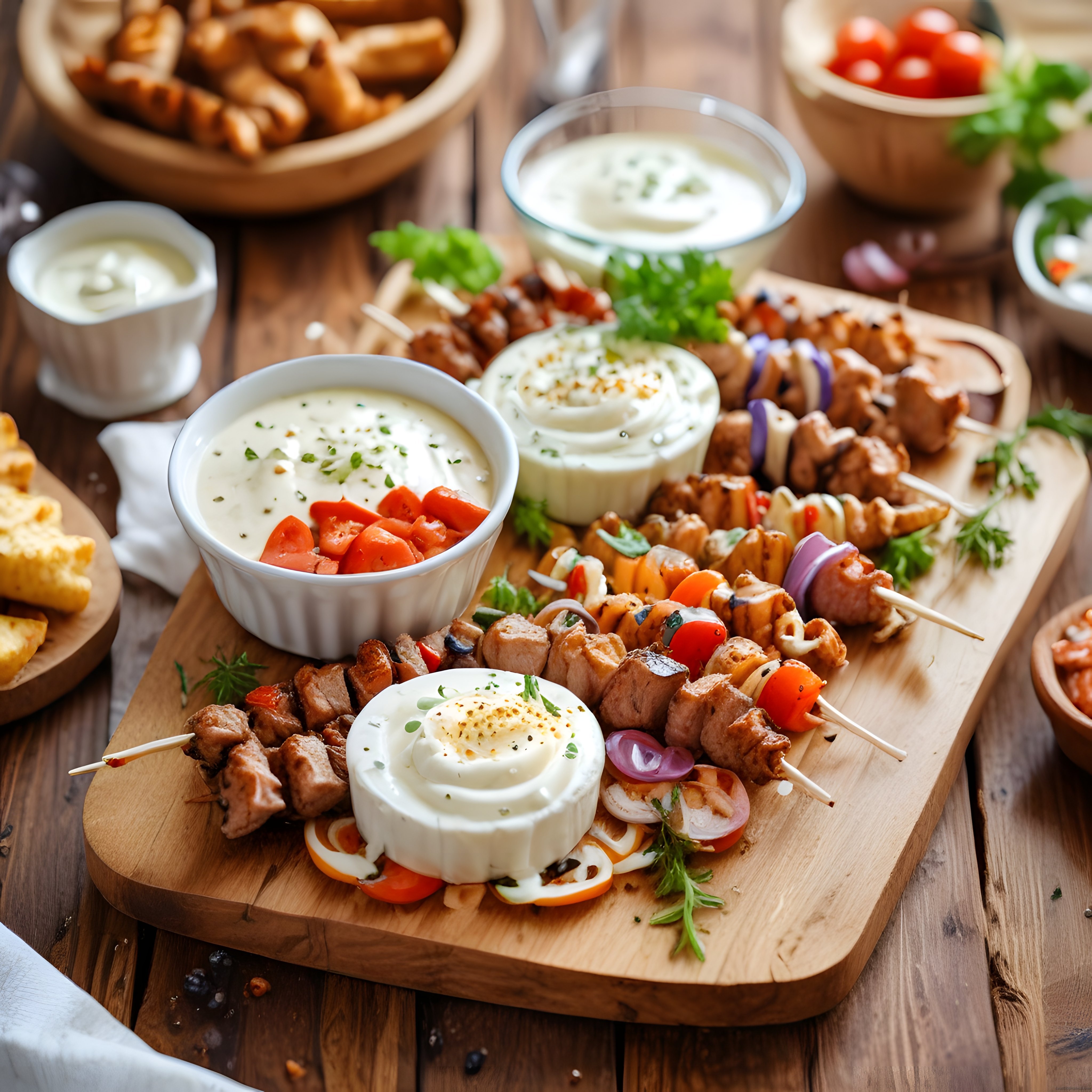 Ahşap Sunum Tahtasında Şiş Kebap ve Meze Çeşitleri ile Davet Sofrası