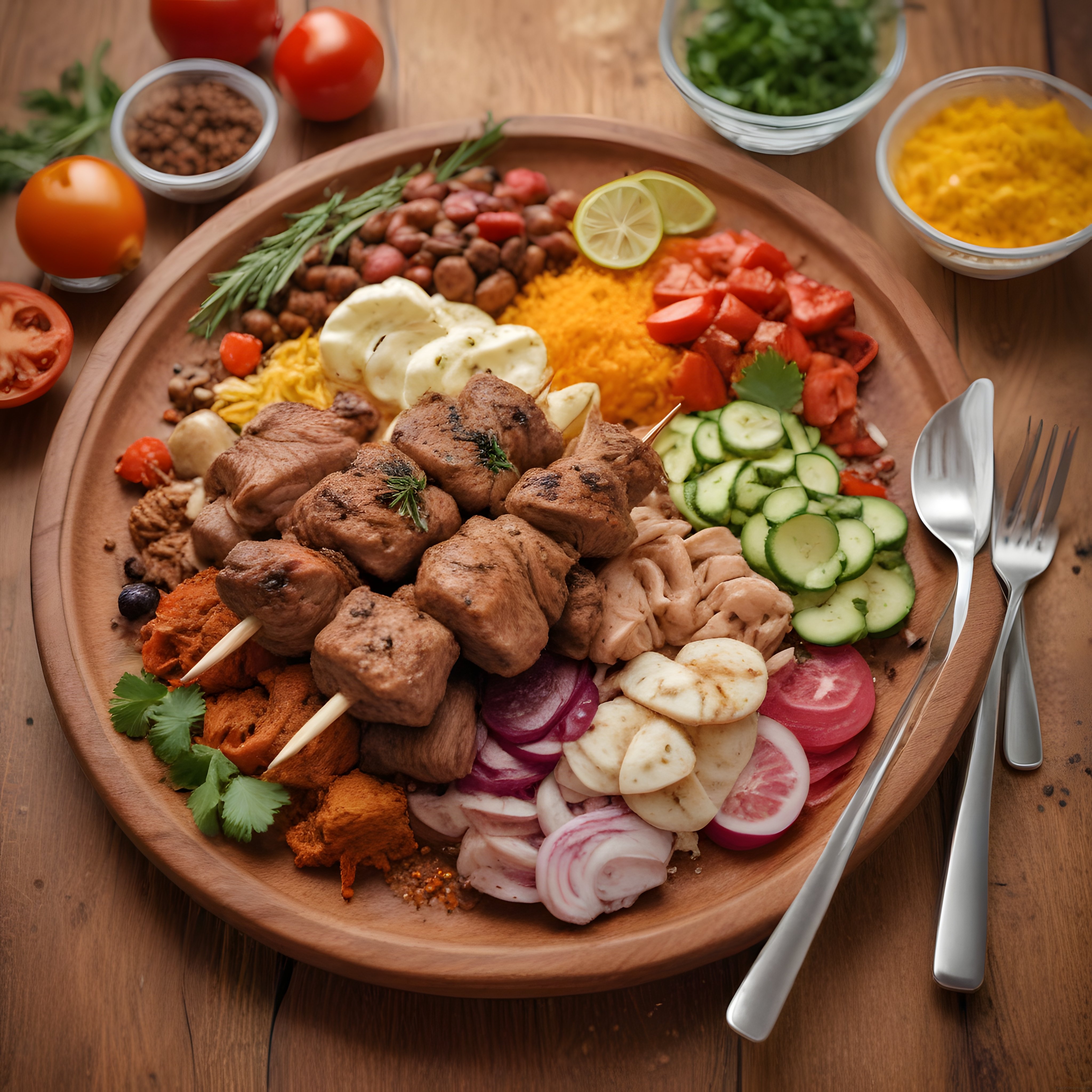 Ahşap Sunum Tahtasında Şiş Kebap ve Mezelerle Zengin Izgara Tabağı