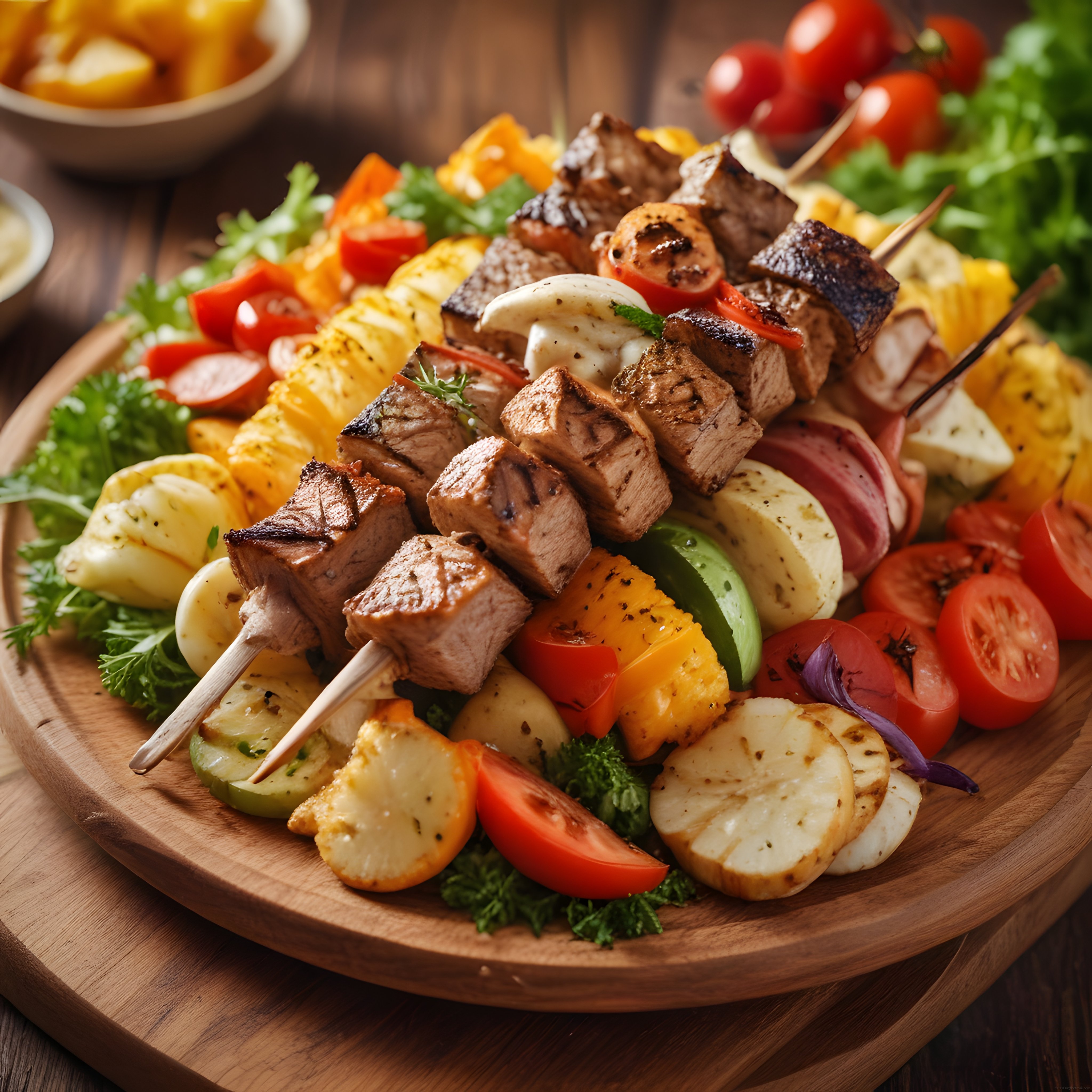 Ahşap Sunum Tahtasında Şiş Kebap ve Renkli Izgara Sebzeler Görseli
