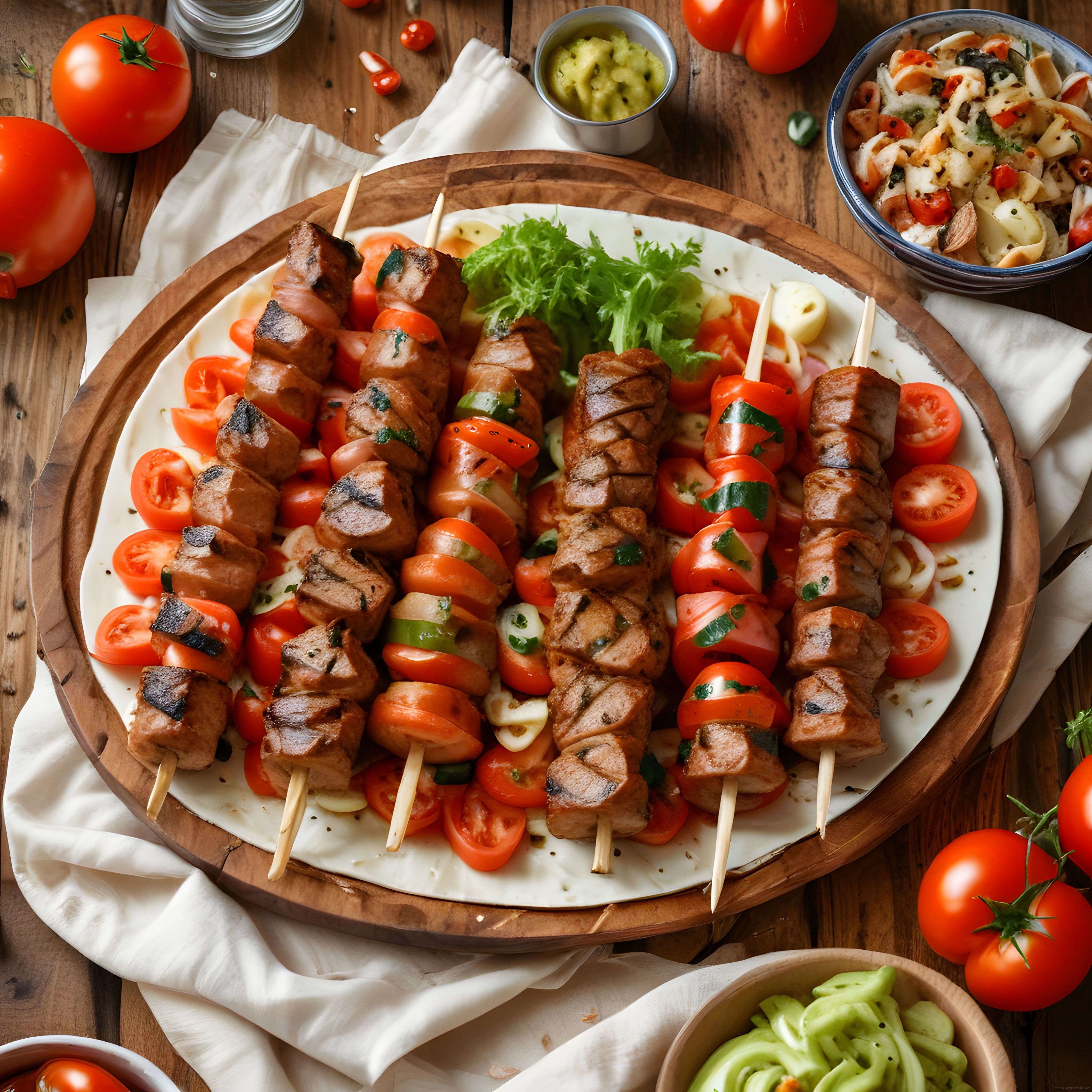 Ahşap Sunum Tahtasında Şiş Kebap ve Taze Sebzelerle Nefis Bir Yemek Masası