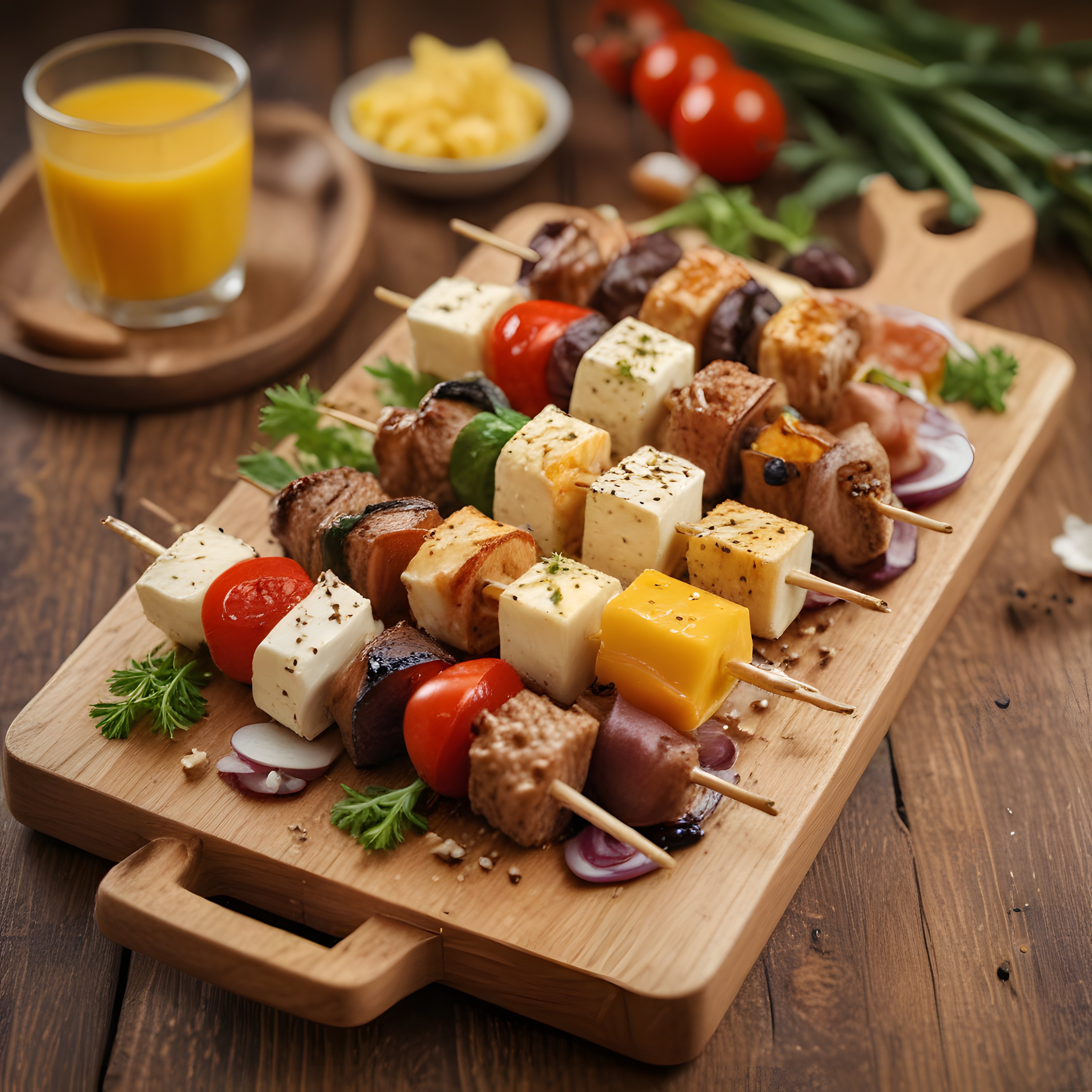 Ahşap Sunum Tahtasında Şişte Peynir ve Et Brunch Kahvaltı Servisi