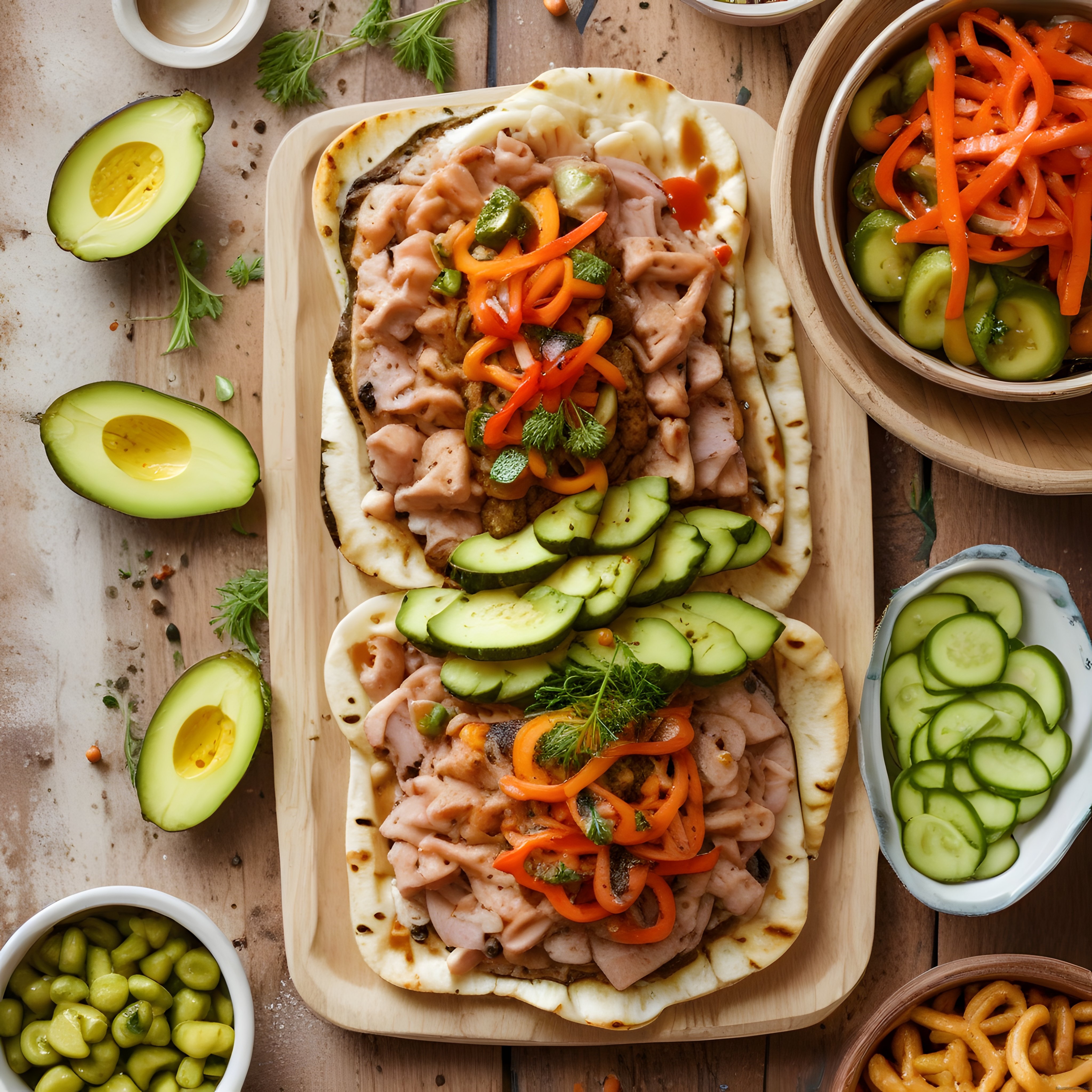 Ahşap Sunum Tahtasında Somonlu Avokadolu Fresh Wrap ve Eşlikçi Lezzetler