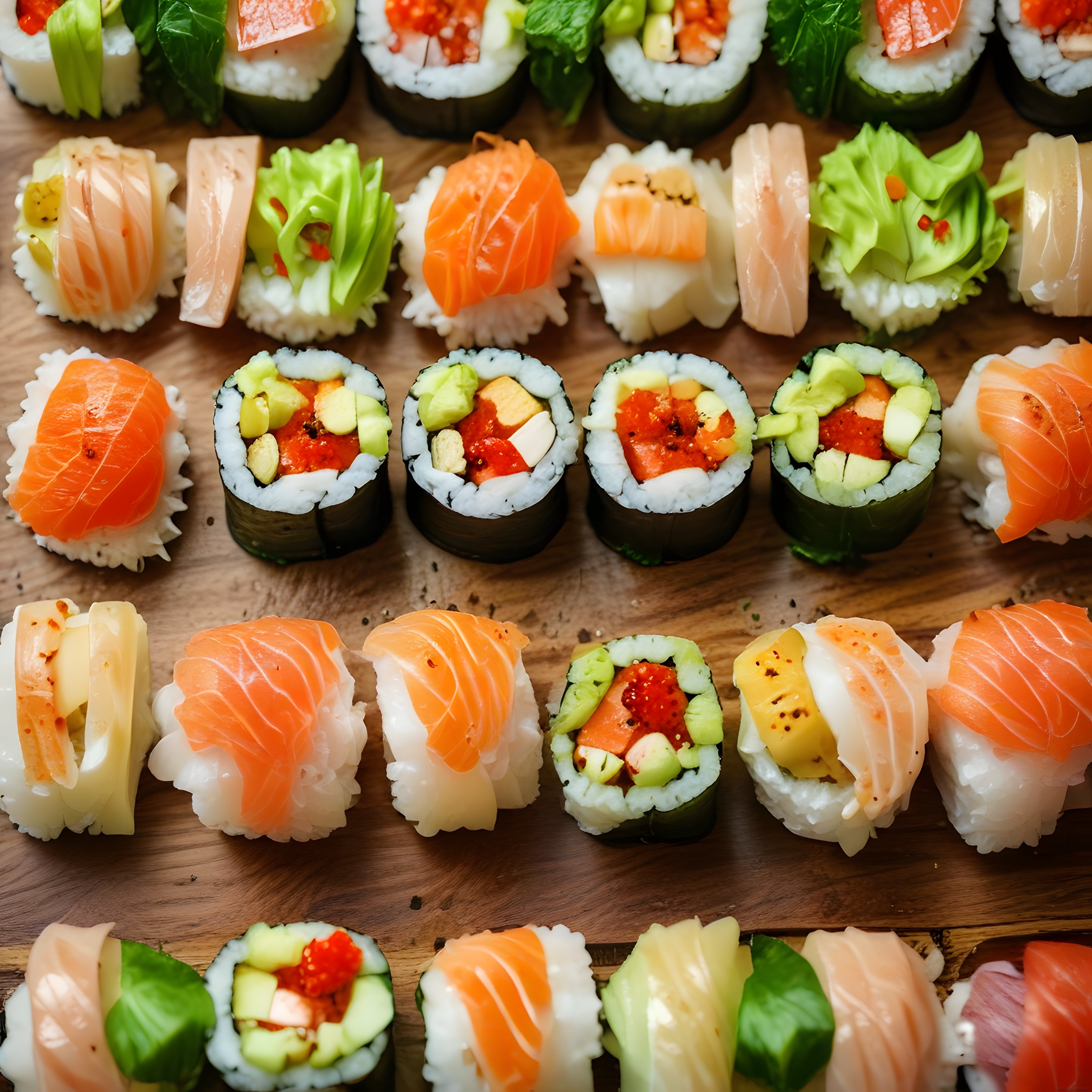 Ahşap sunum tahtasında somonlu nigiri ve avokadolu makili taze sushi seçkisi