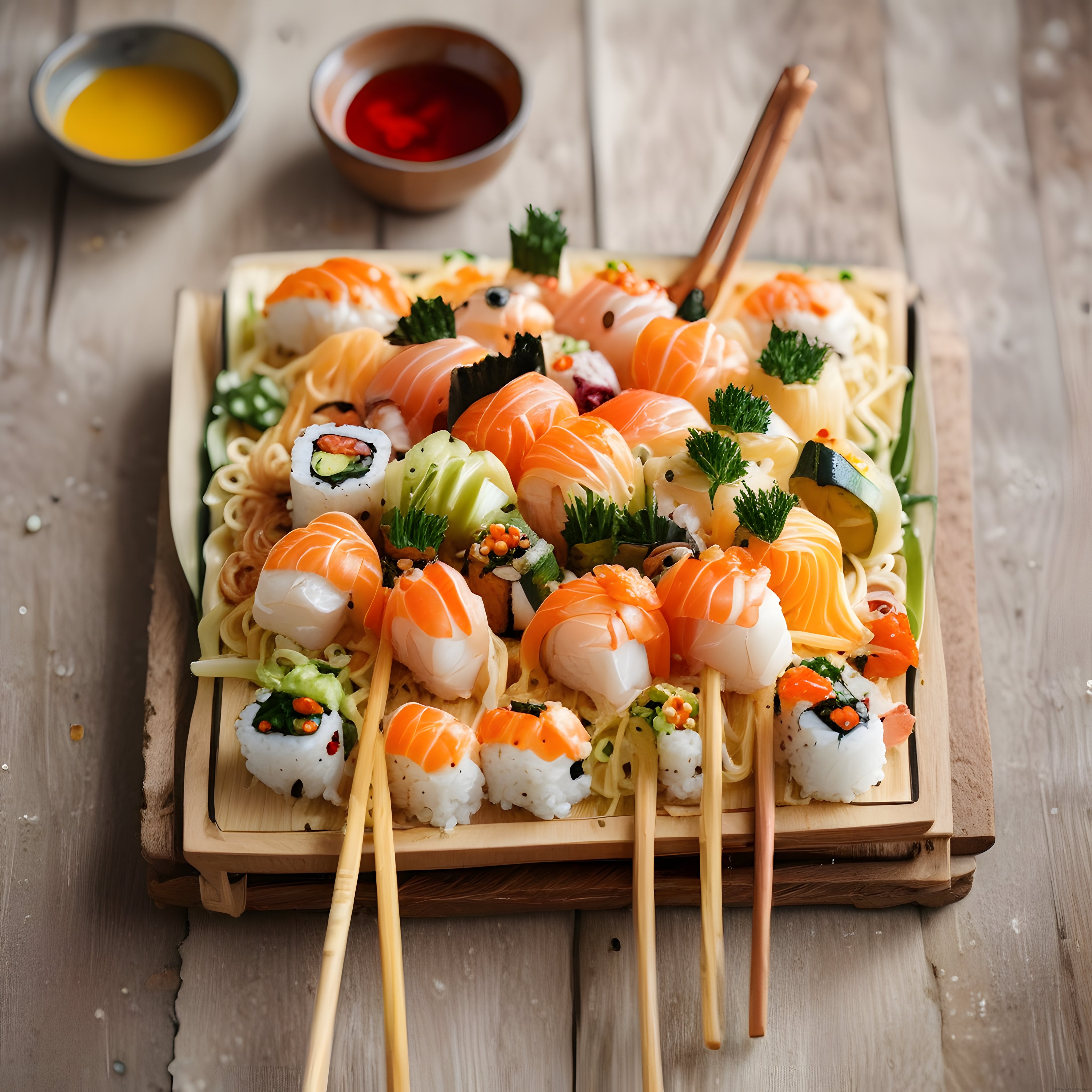 Ahşap Sunum Tahtasında Somonlu Sushi ve Noodle ile Asya Mutfağı Sunumu