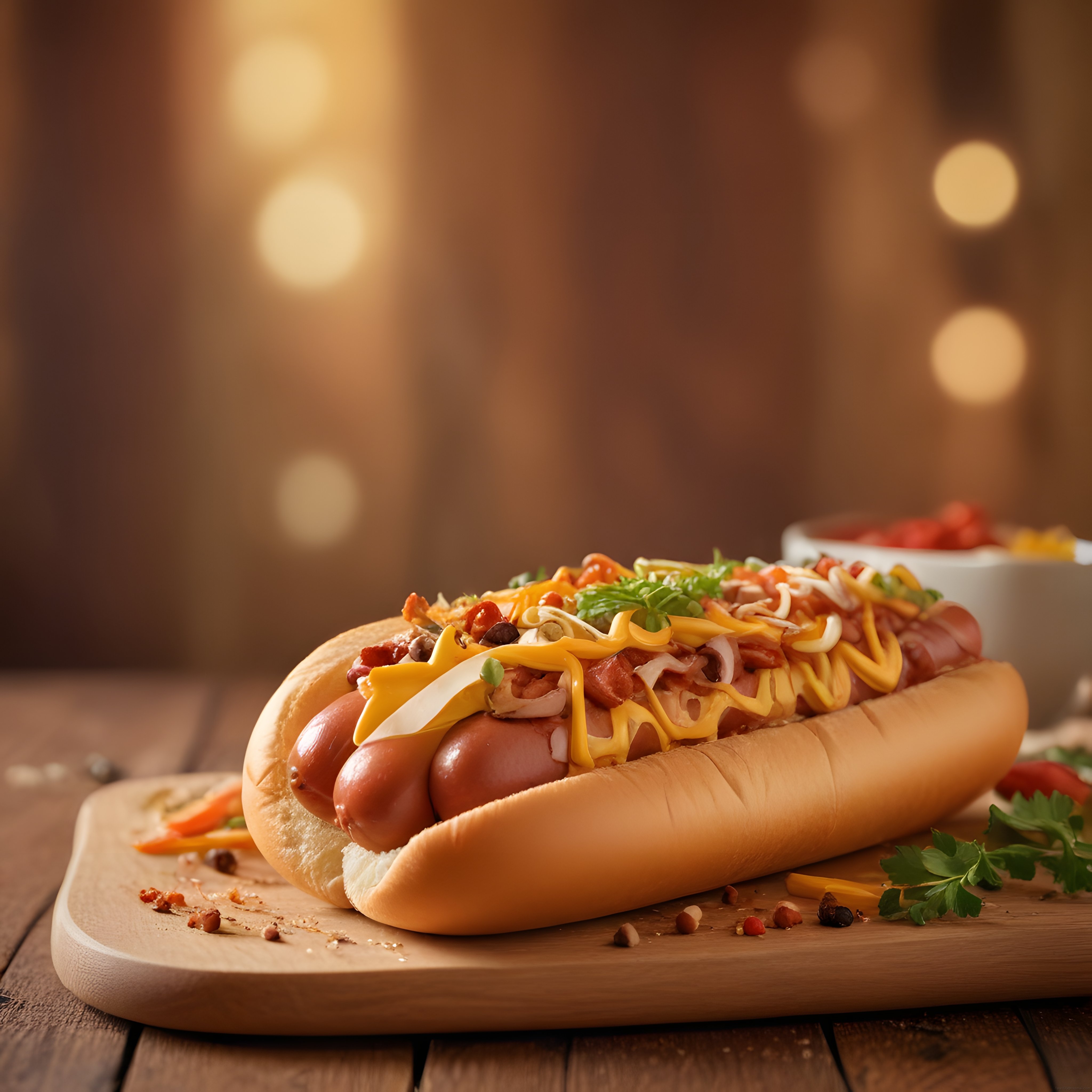 Ahşap Sunum Tahtasında Sos Peynir ve Garnitürlerle Süslenmiş Sıcak Hot Dog