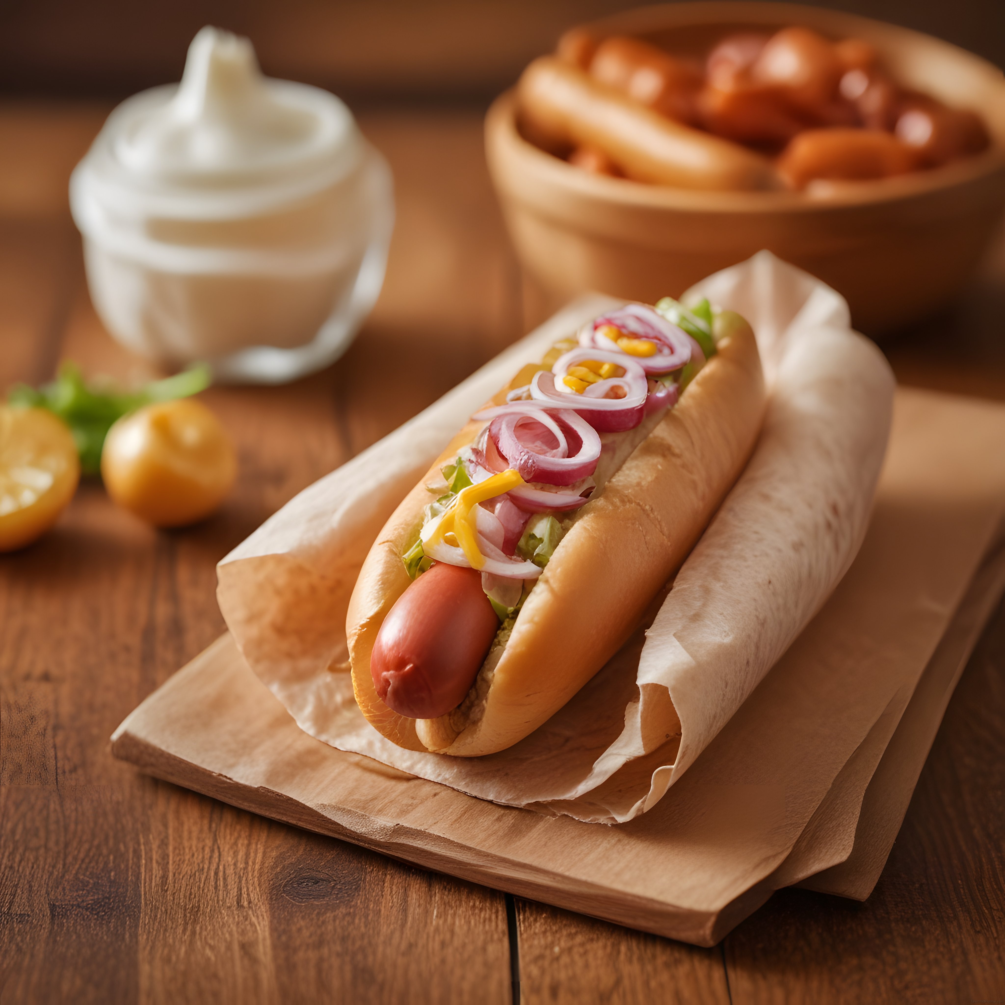Ahşap Sunum Tahtasında Sos ve Sebzelerle Süslenmiş Lezzetli Hotdog