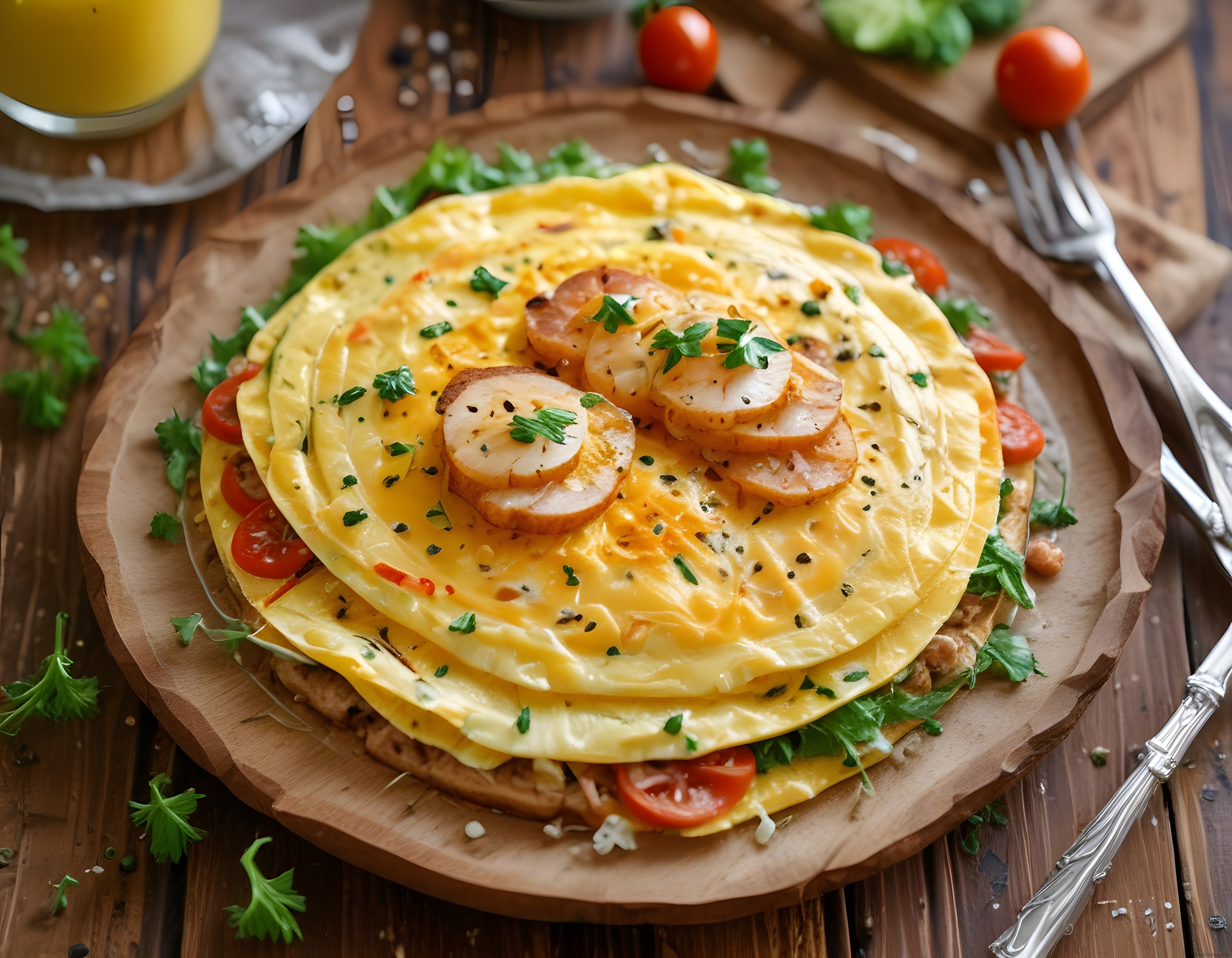 Ahşap Sunum Tahtasında Sosisli Katlı Omlet ve Taze Portakal Suyu