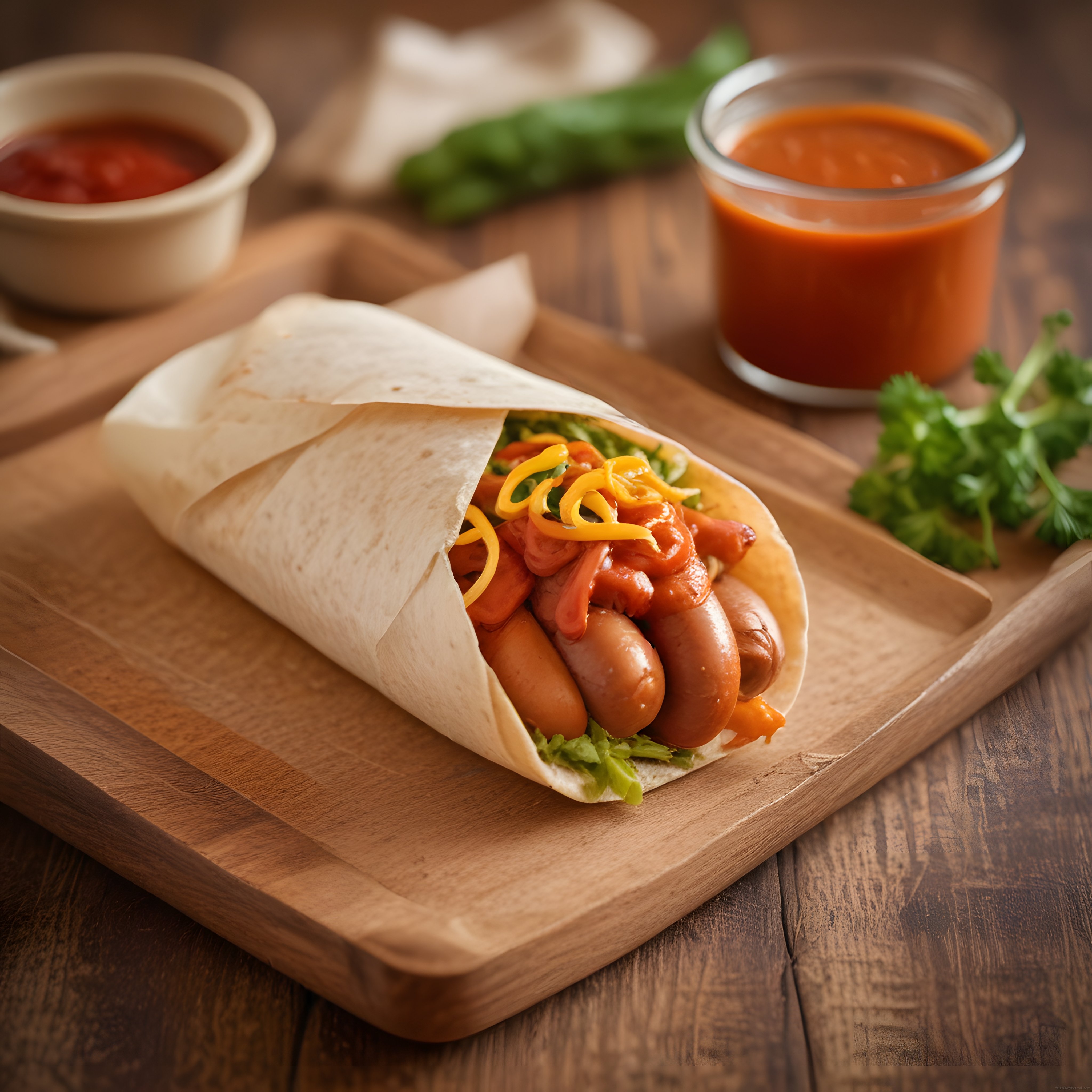 Ahşap Sunum Tahtasında Sosisli Tortilla Wrap ve Acılı Salsa Sosu