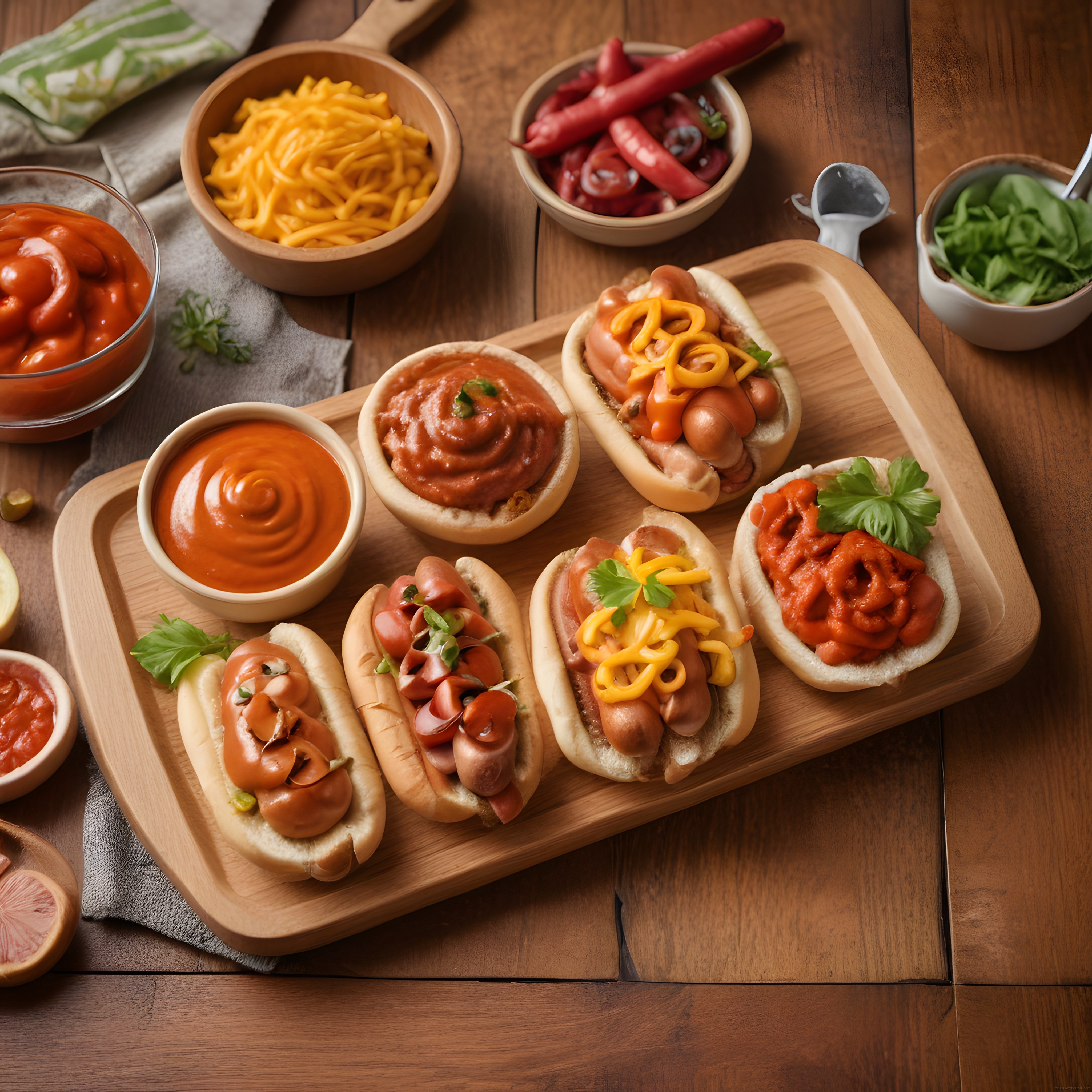 Ahşap Sunum Tahtasında Soslar ve Yeşilliklerle Hazırlanmış Hot Dog Çeşitleri