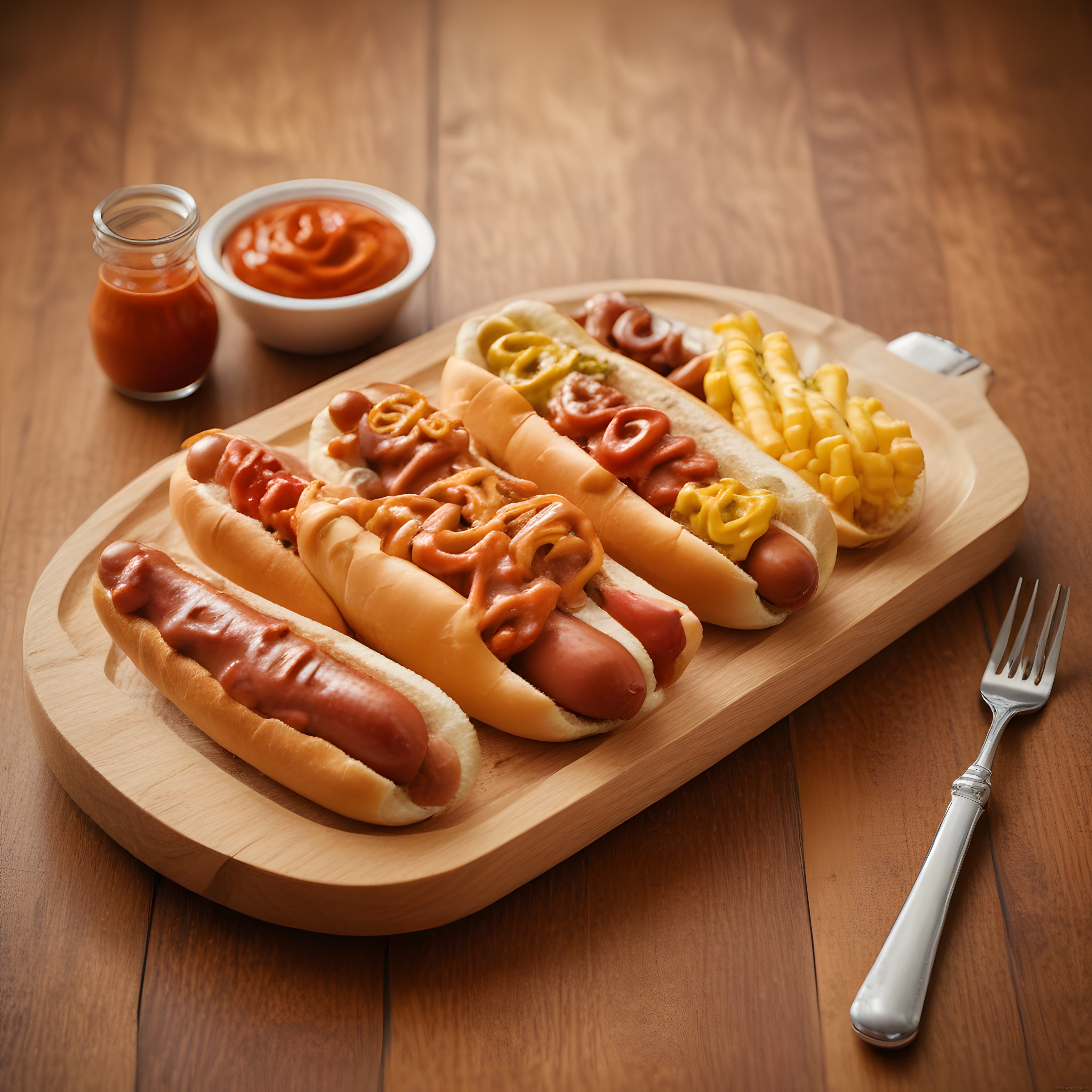 Ahşap Sunum Tahtasında Soslu Hot Dog ve Patates Kızartması Çeşitleri
