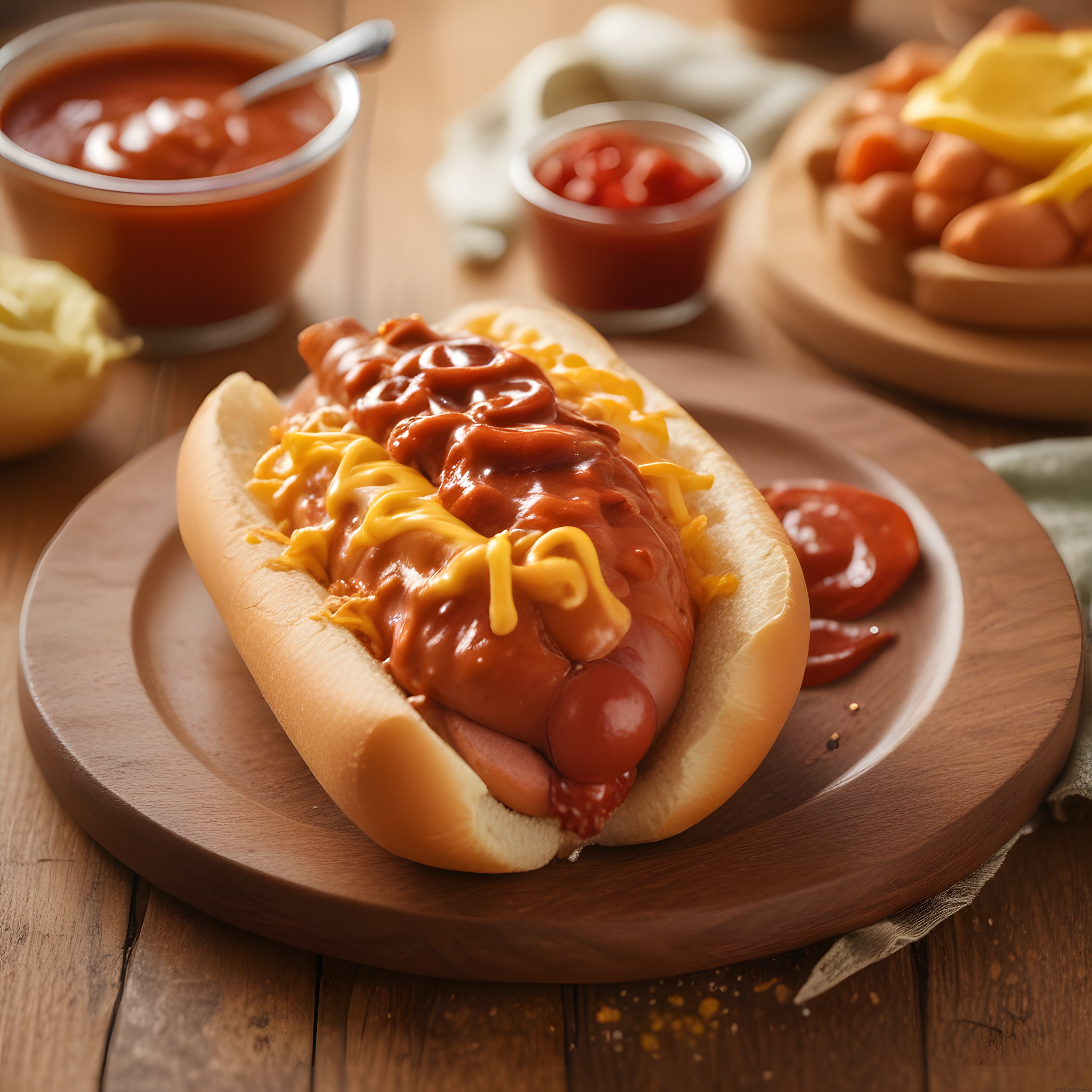 Ahşap Sunum Tahtasında Soslu Sosisli Ekmek: Amerikan Hot Dog Lezzeti