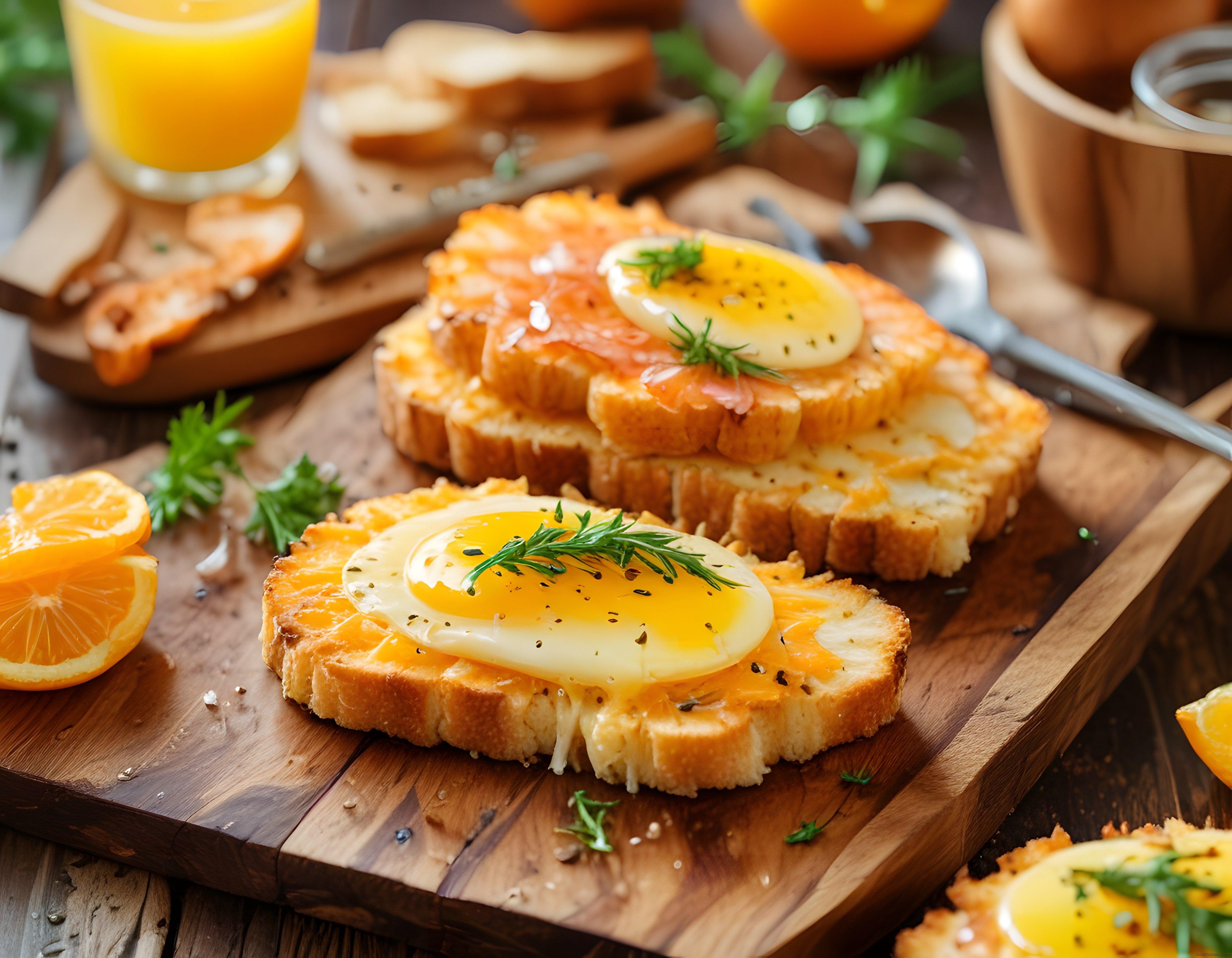 Ahşap Sunum Tahtasında Soslu Yumurtalı Kızarmış Ekmek ve Portakal Sulu Kahvaltı