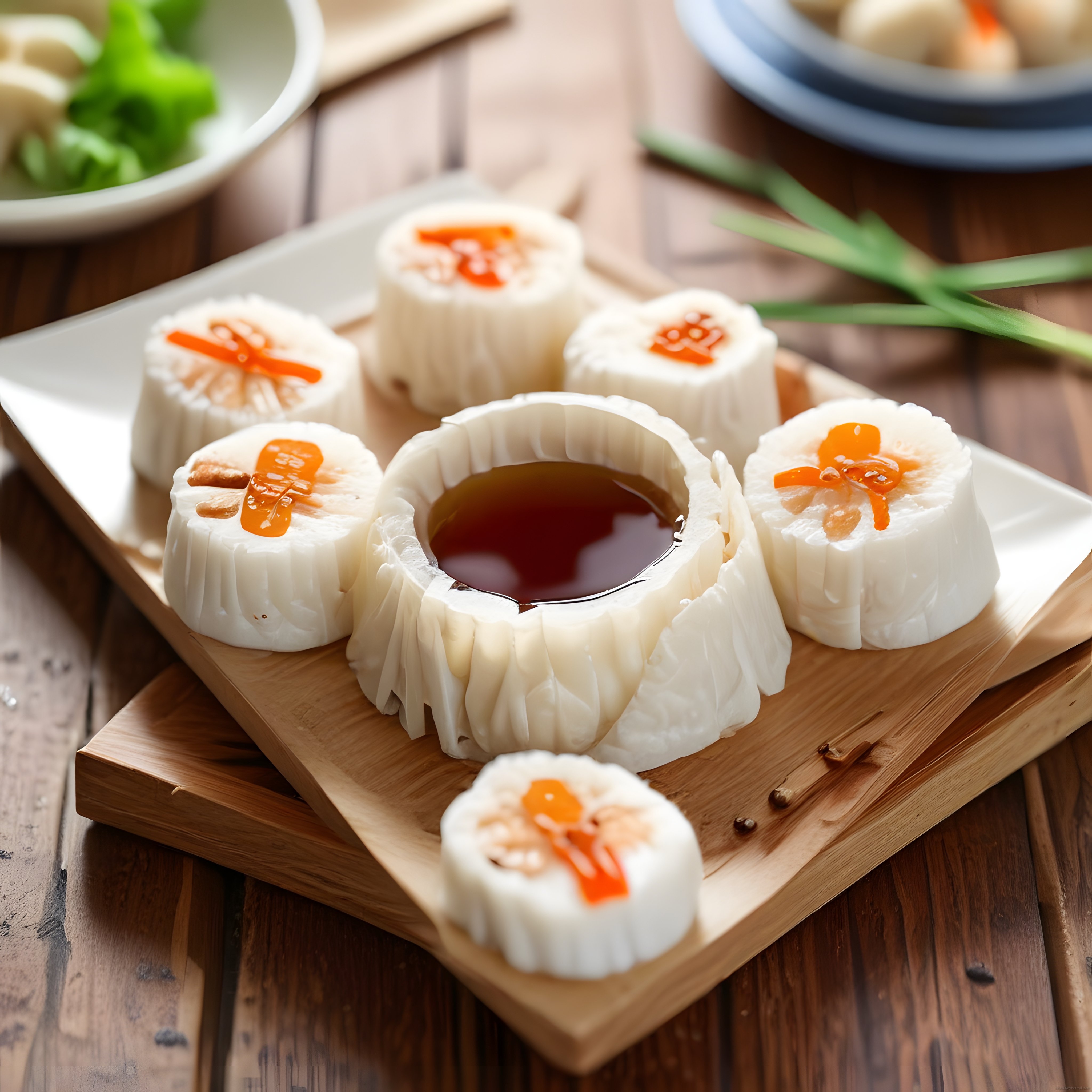 Ahşap Sunum Tahtasında Soya Soslu ve Yavrulu Sevimli Dim Sum Çeşitleri