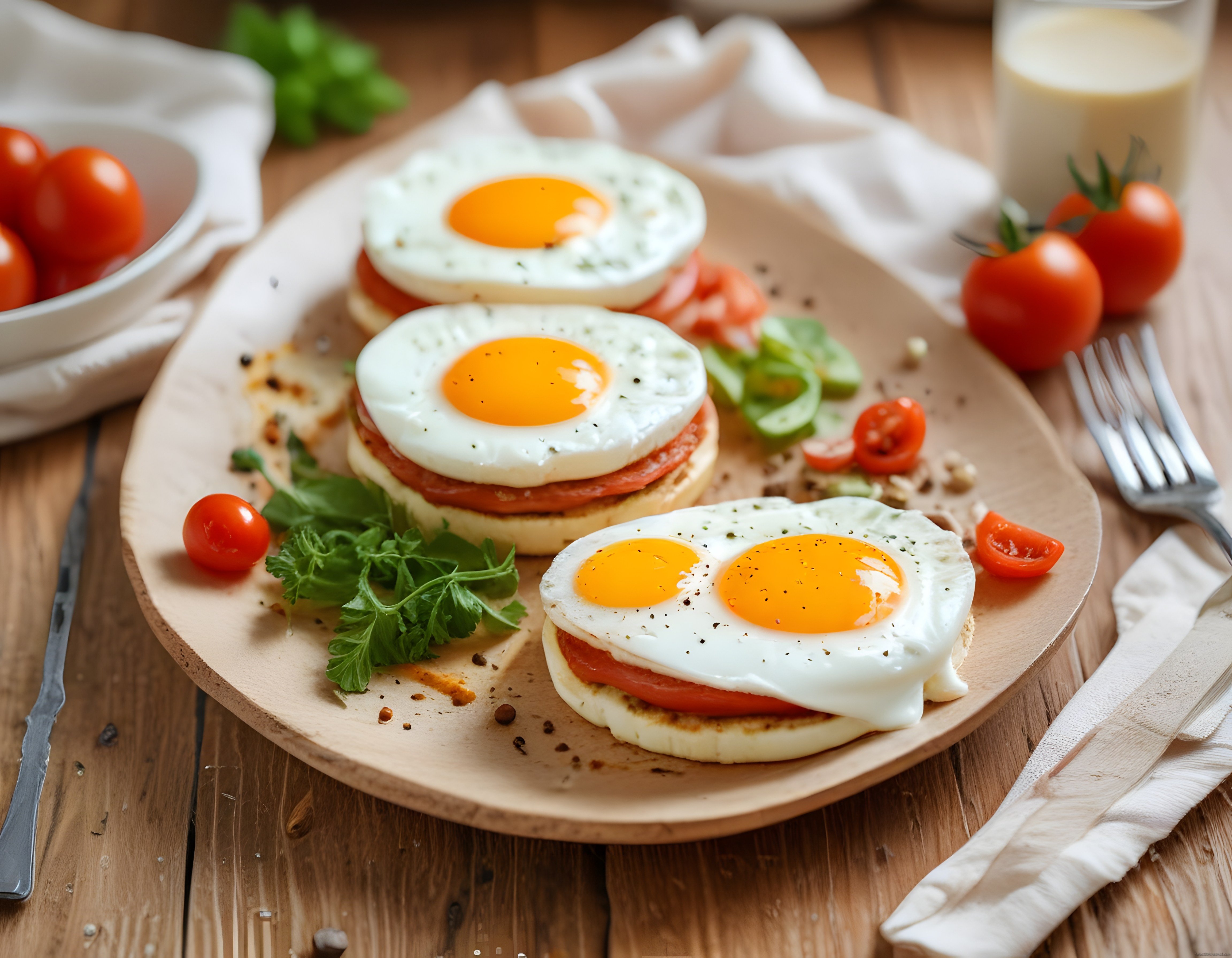 Ahşap Sunum Tahtasında Sucuklu Yumurta ve Domatesli Kahvaltı Tabağı