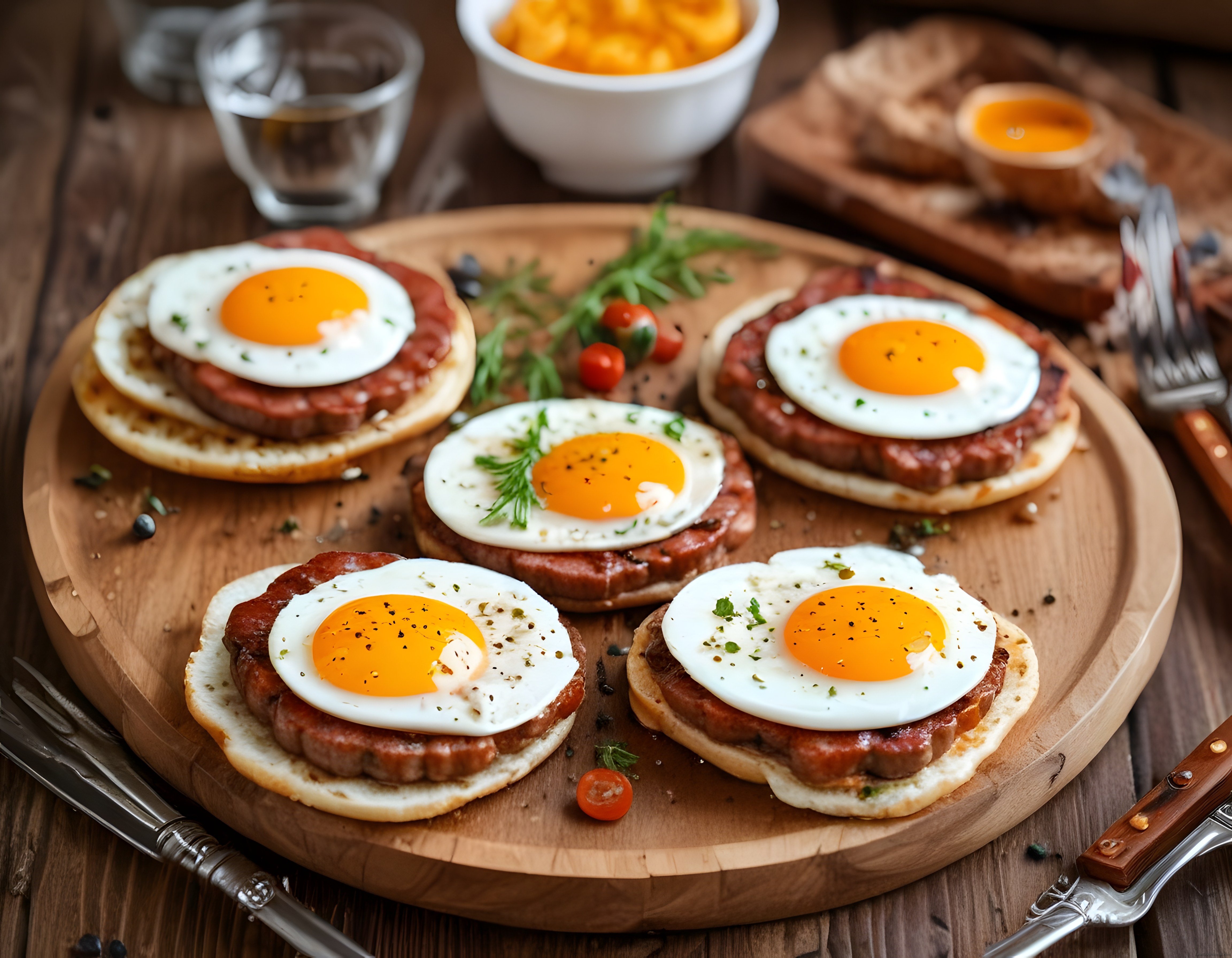 Ahşap Sunum Tahtasında Sucuklu Yumurtalı Ekmek Üstü Kahvaltı Tabağı