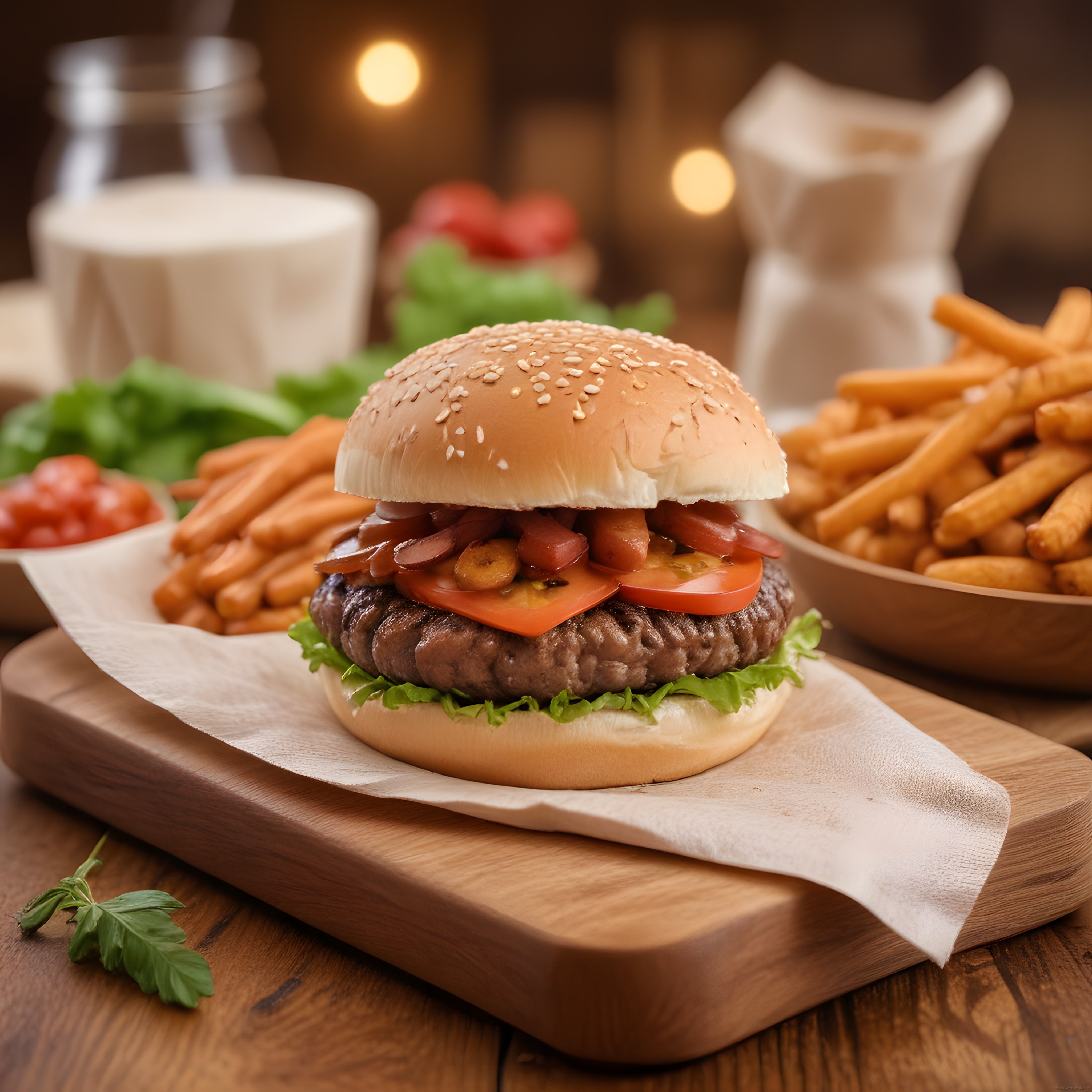 Ahşap Sunum Tahtasında Sulu Hamburger ve Patates Kızartması Eşliğinde