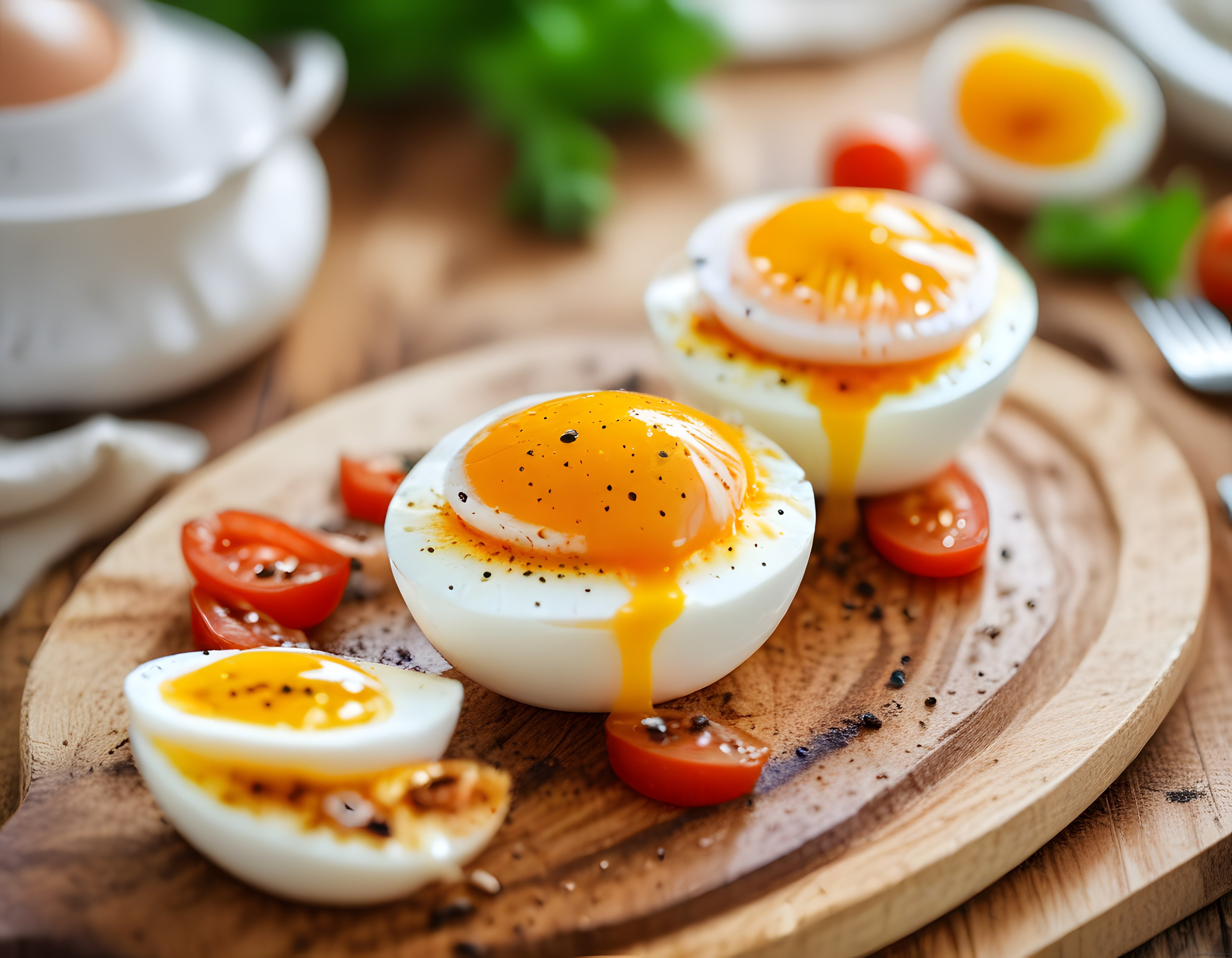 Ahşap Sunum Tahtasında Sulu Sarılı Haşlanmış Yumurta ve Domates