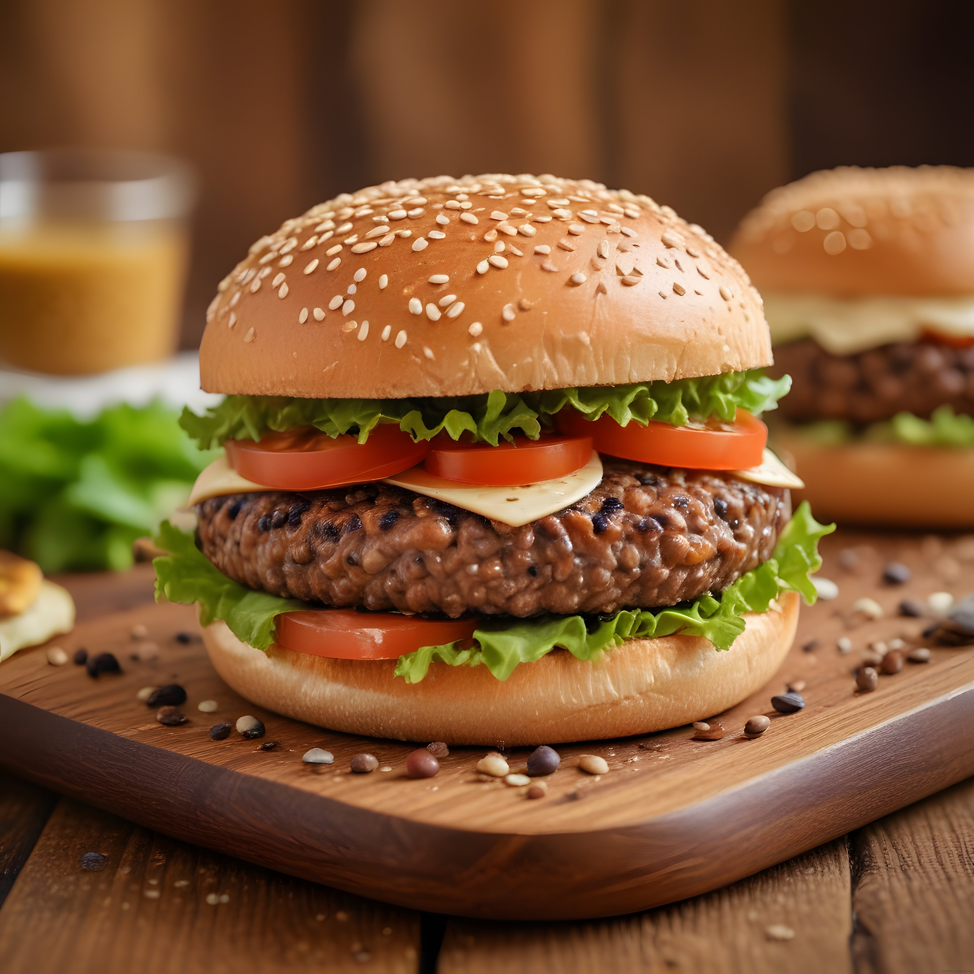 Ahşap Sunum Tahtasında Susamlı Burger, İzgara Köfte ve Taze Sebzeler