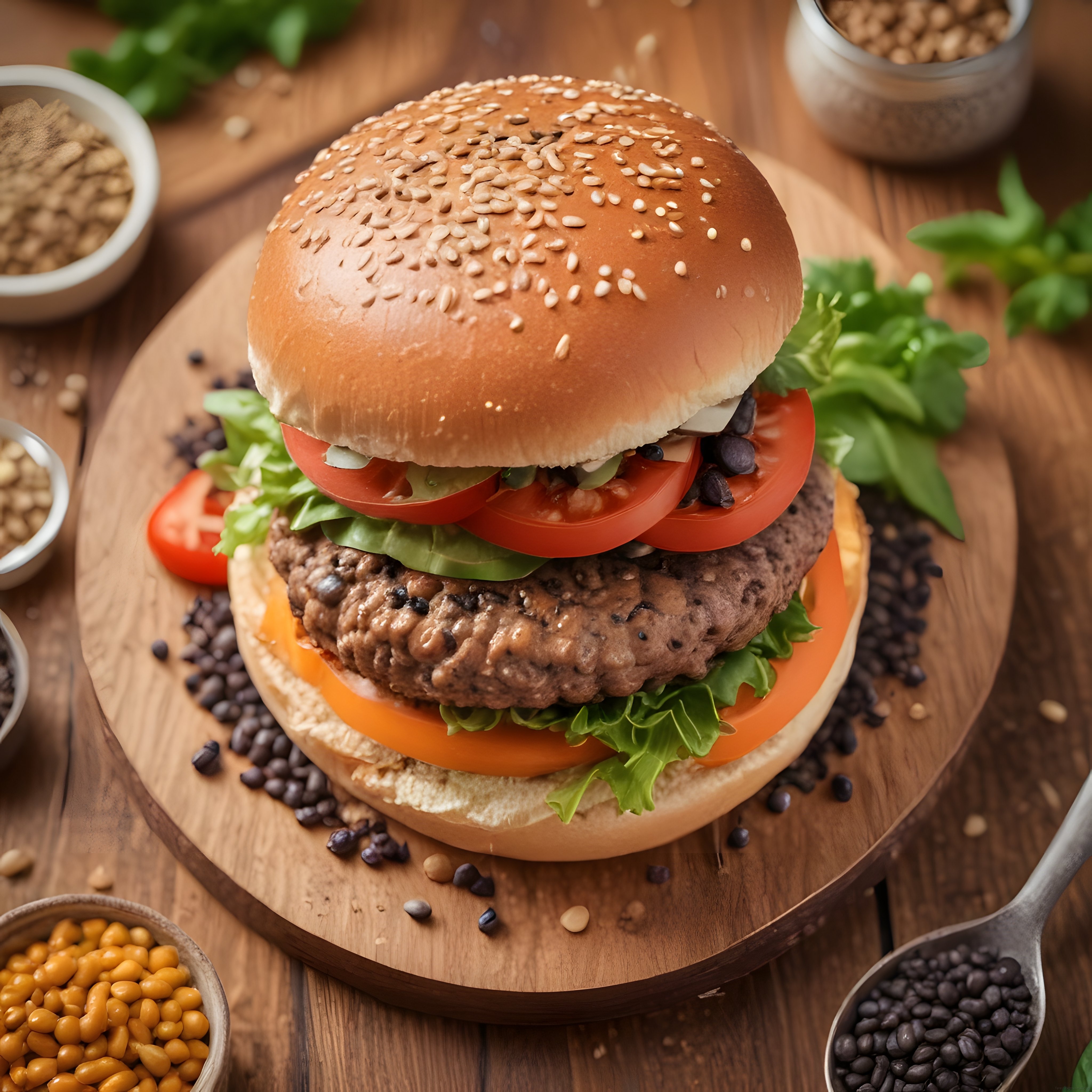 Ahşap Sunum Tahtasında Susamlı Ekmek ve Siyah Fasulyeli Gourmet Burger