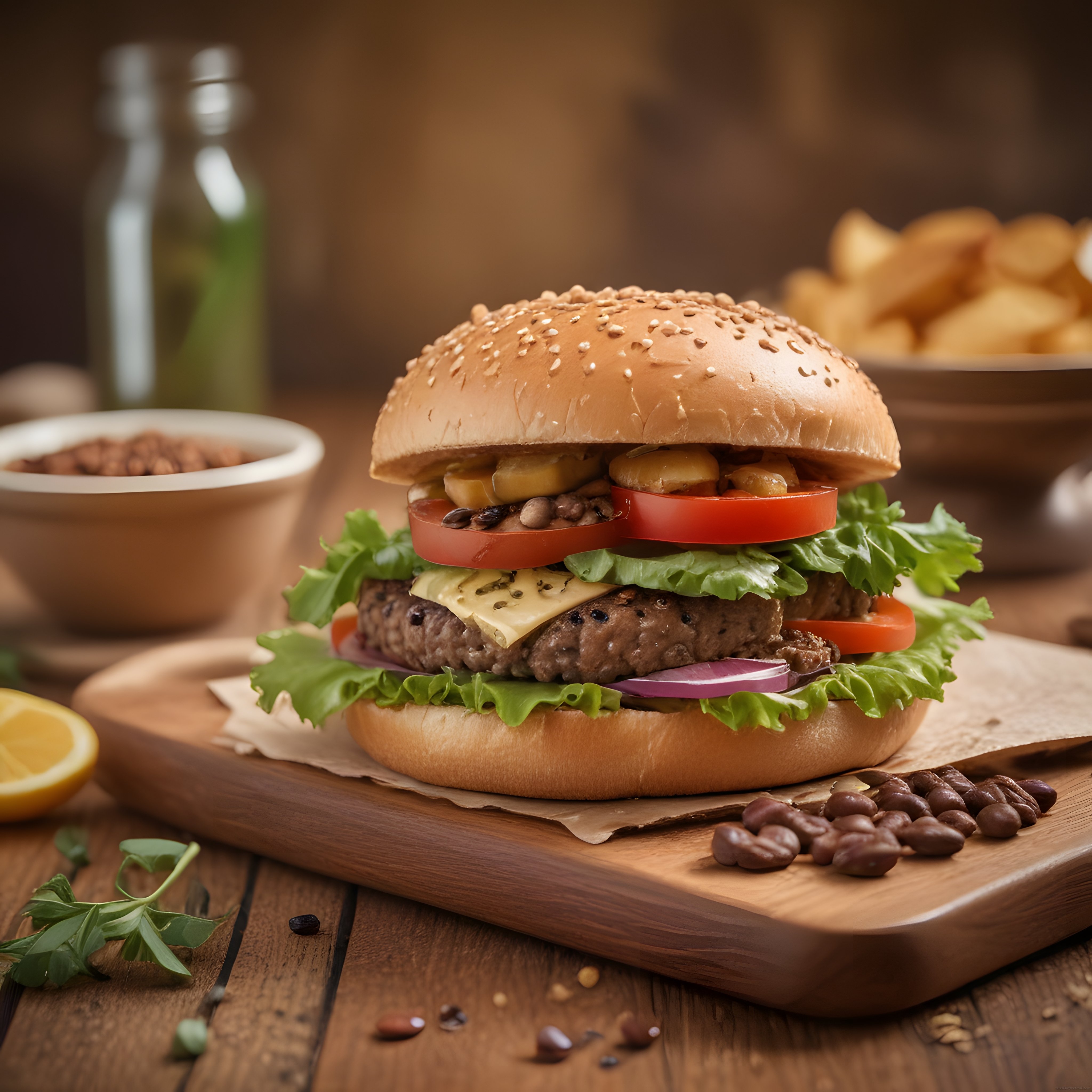 Ahşap Sunum Tahtasında Susamlı Gourmet Hamburger ve Patates Kızartması