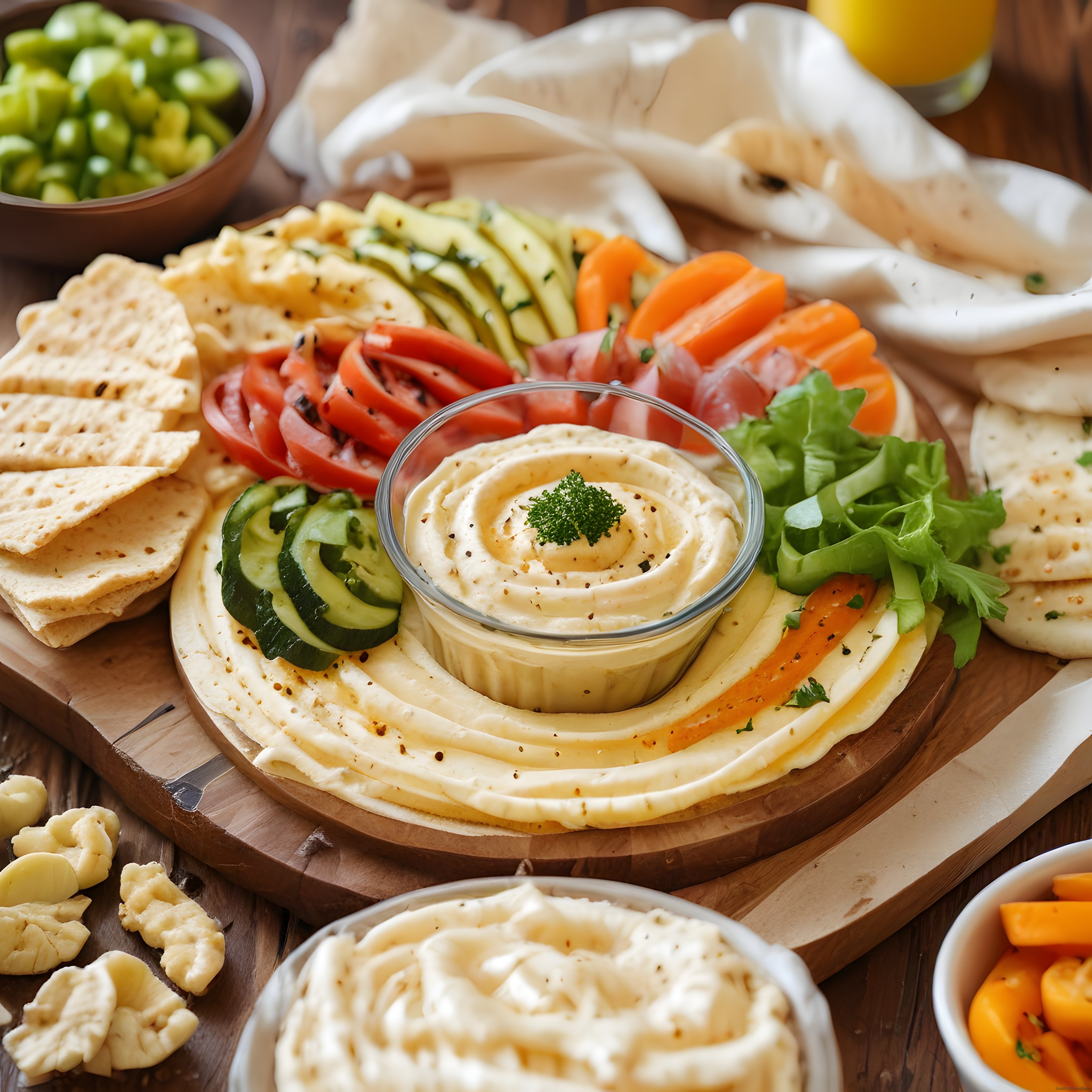Ahşap Sunum Tahtasında Taptaze Sebzeler ve Humus ile Kahvaltı Keyfi