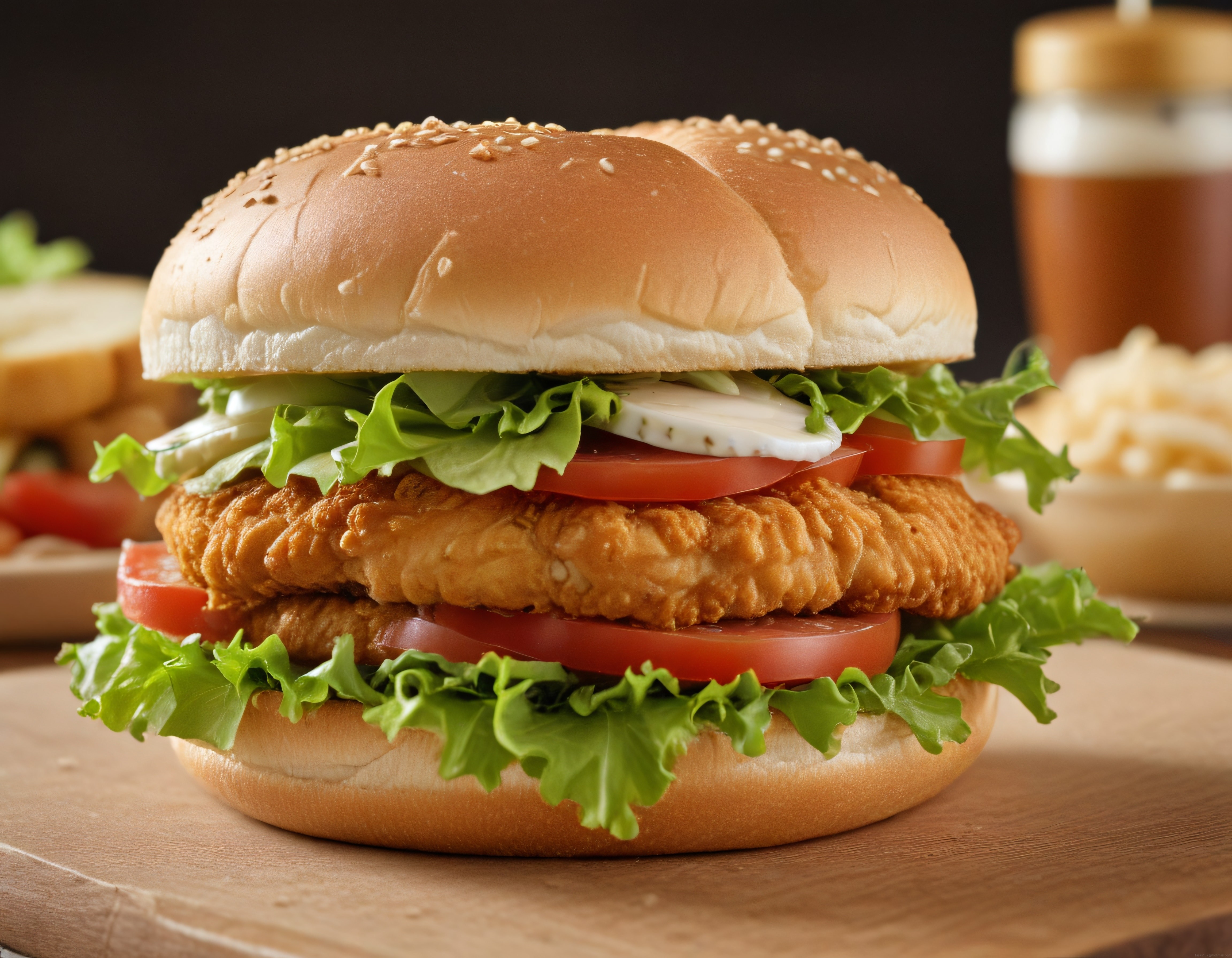 Ahşap Sunum Tahtasında Tavuk Burger Taze Marul Domates ve Çıtır Tavuk Parçası