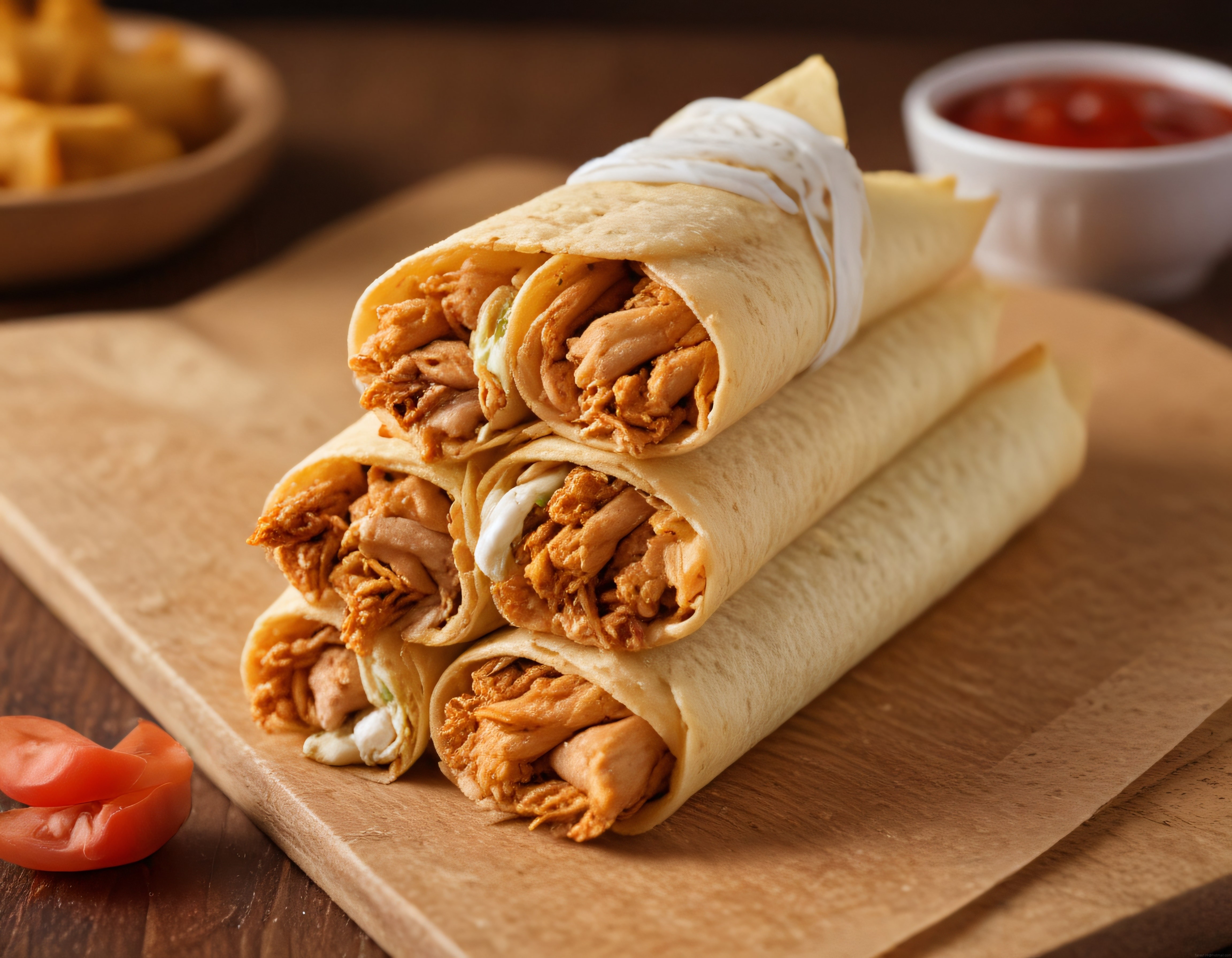 Ahşap sunum tahtasında tavuk dürüm wrap ve patates kızartması