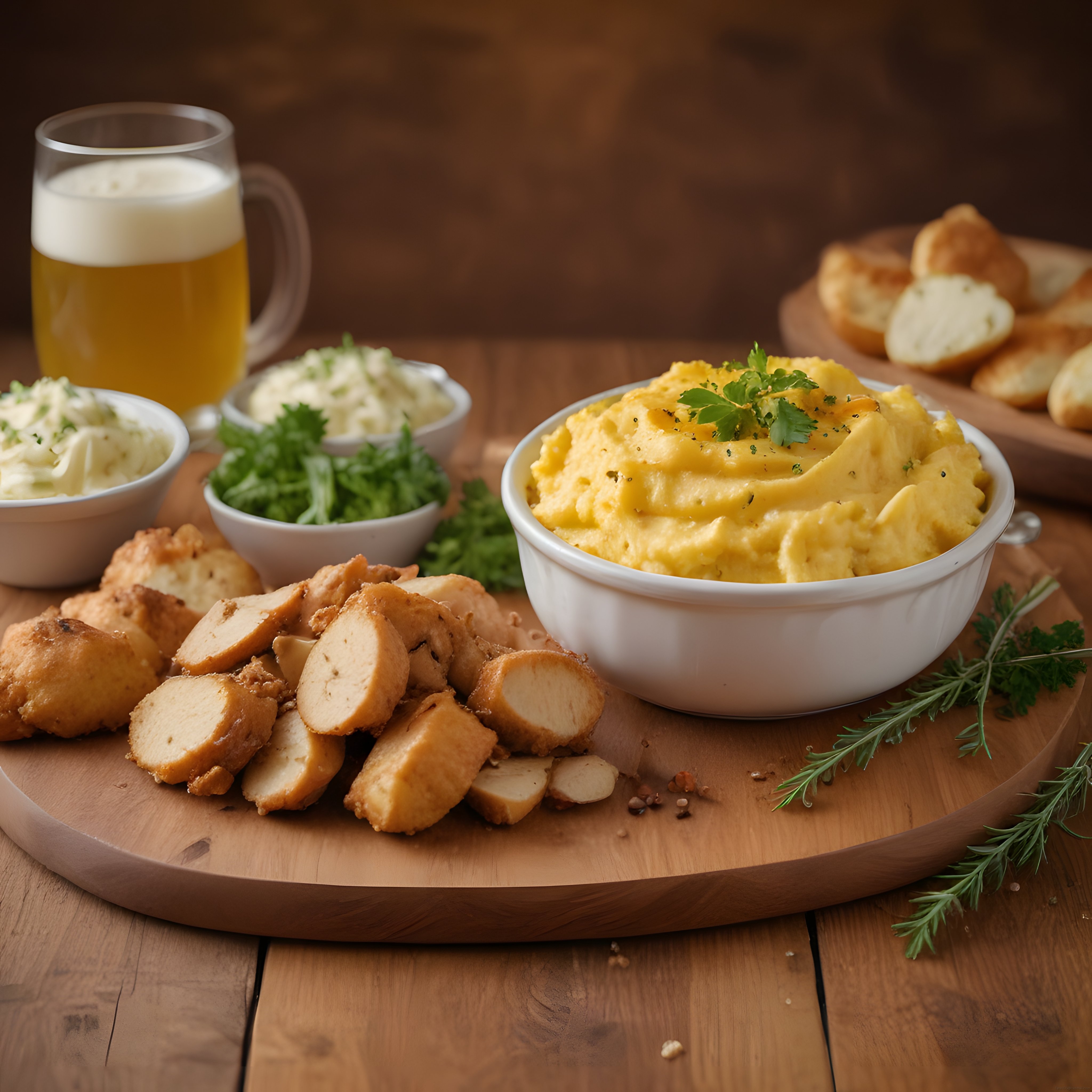 Ahşap Sunum Tahtasında Tavuk, Meze ve Bira Eşliğinde Leziz Akşam Yemeği