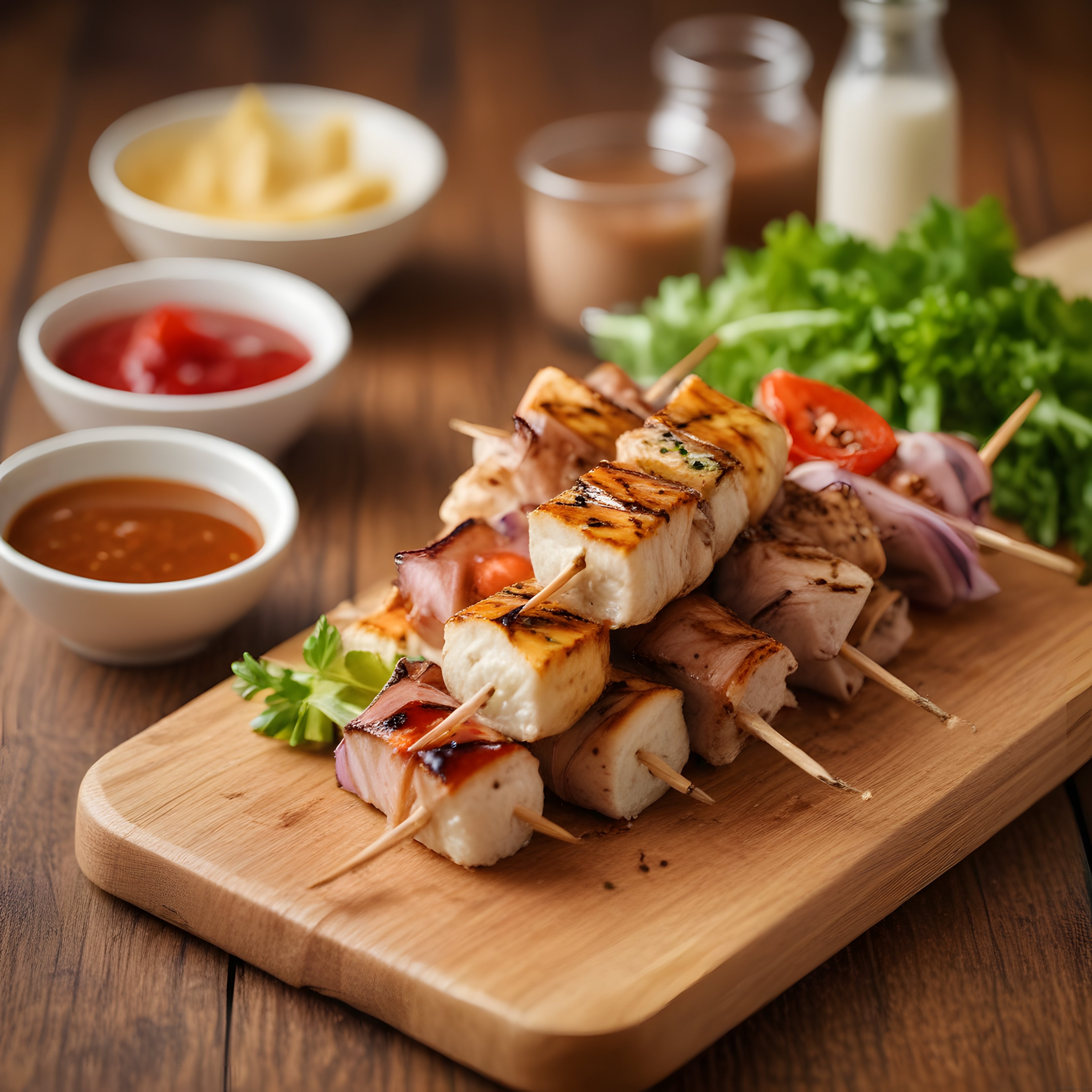Ahşap Sunum Tahtasında Tavuklu Hellim Peynirli Izgara Şiş Kebap ve Soslar