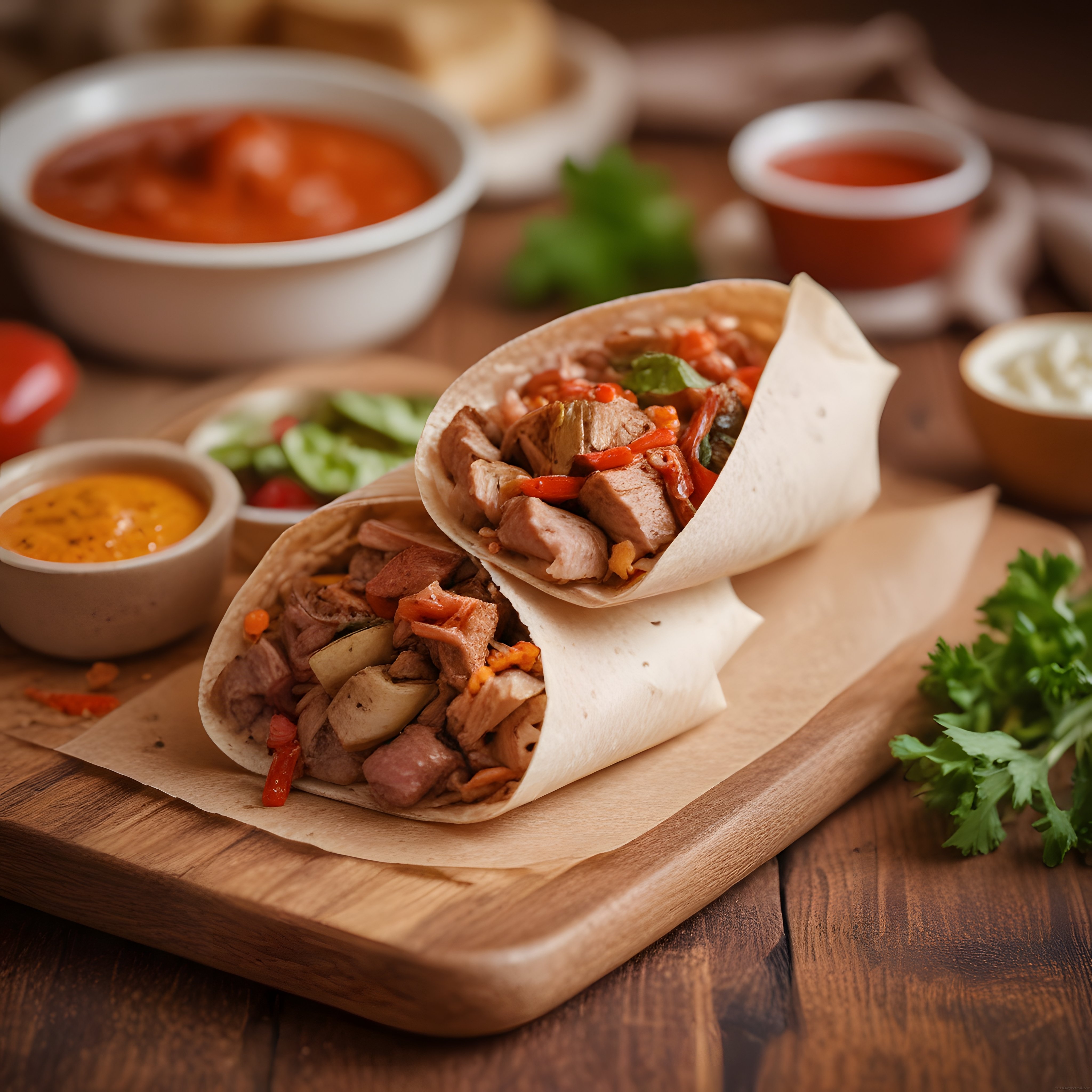 Ahşap Sunum Tahtasında Tavuklu Sebzeli Wrap ve Ev Yapımı Soslar