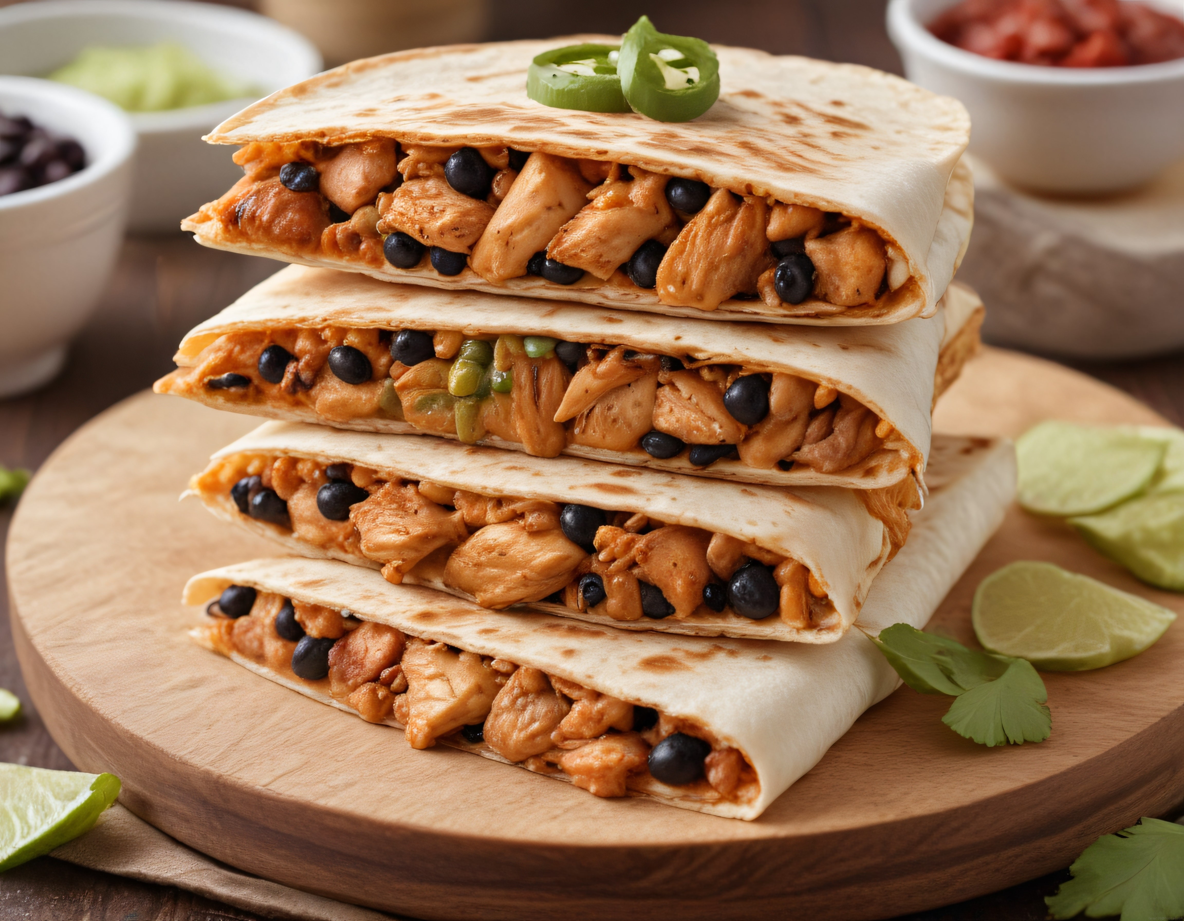 Ahşap Sunum Tahtasında Tavuklu Siyah Fasulyeli Meksika Quesadilla Keyfi