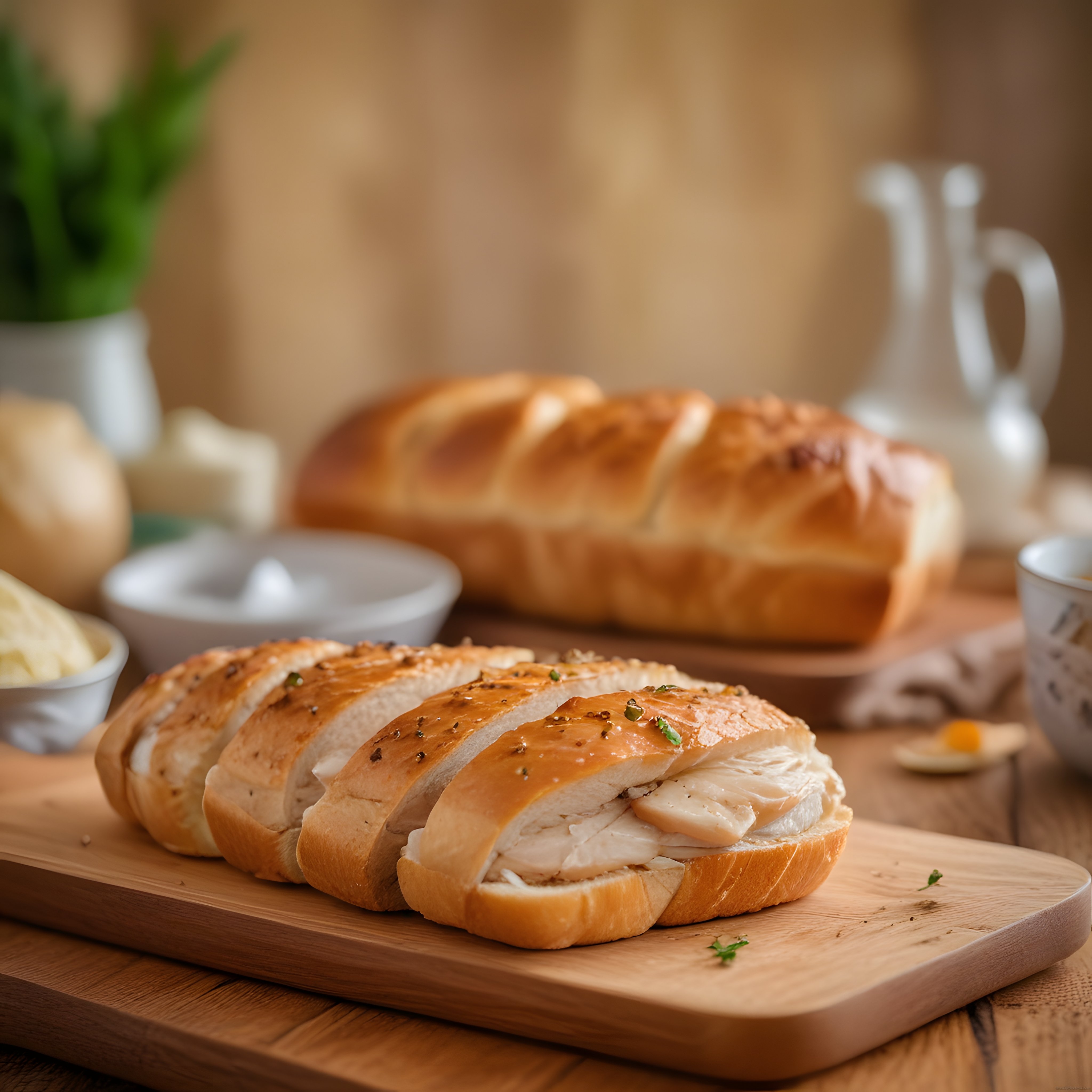 Ahşap Sunum Tahtasında Tavuklu Taze Ekmek Dilimleri ve Kahvaltı Masası