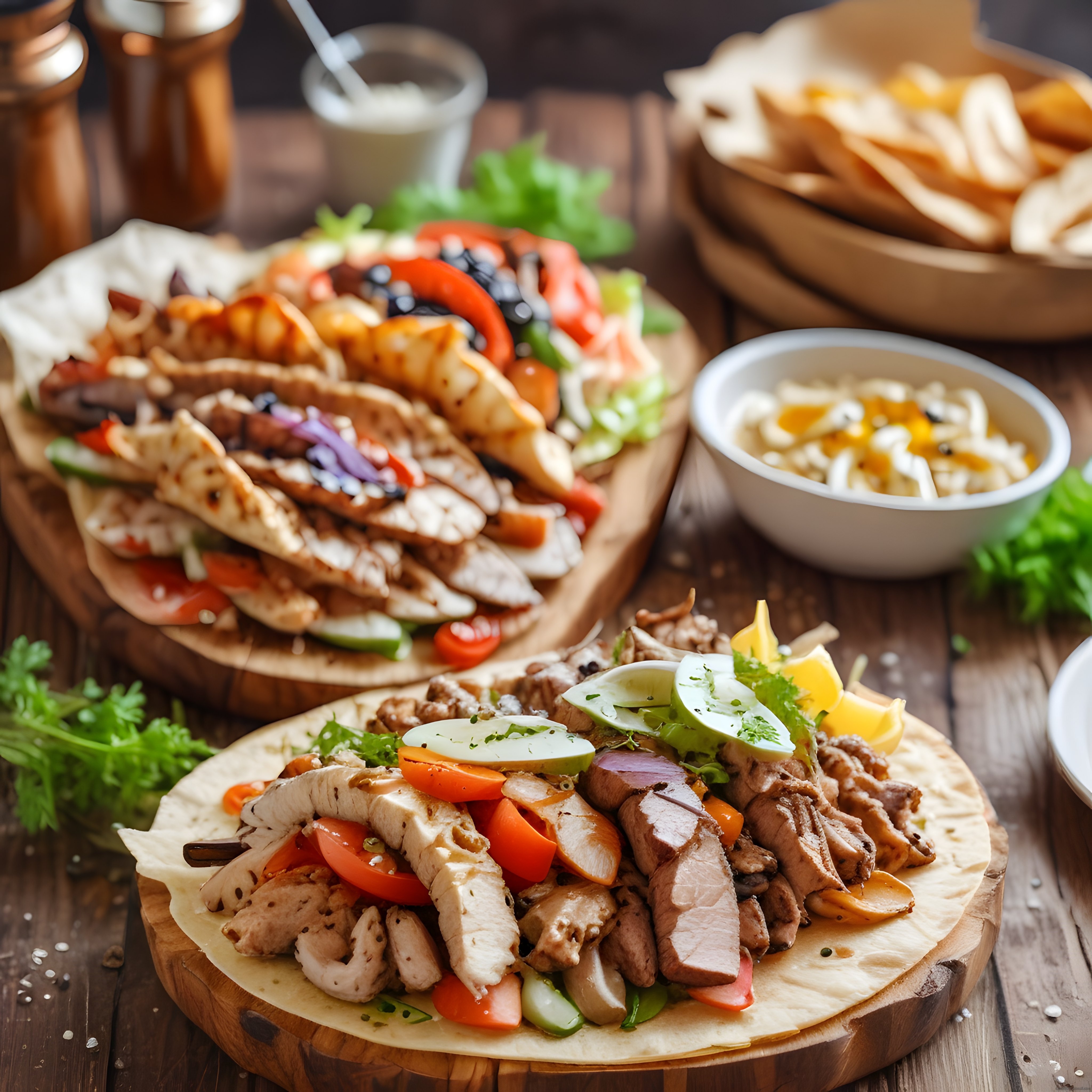 Ahşap Sunum Tahtasında Tavuklu ve Etli Wrap Çeşitleri ile Özel Soslar