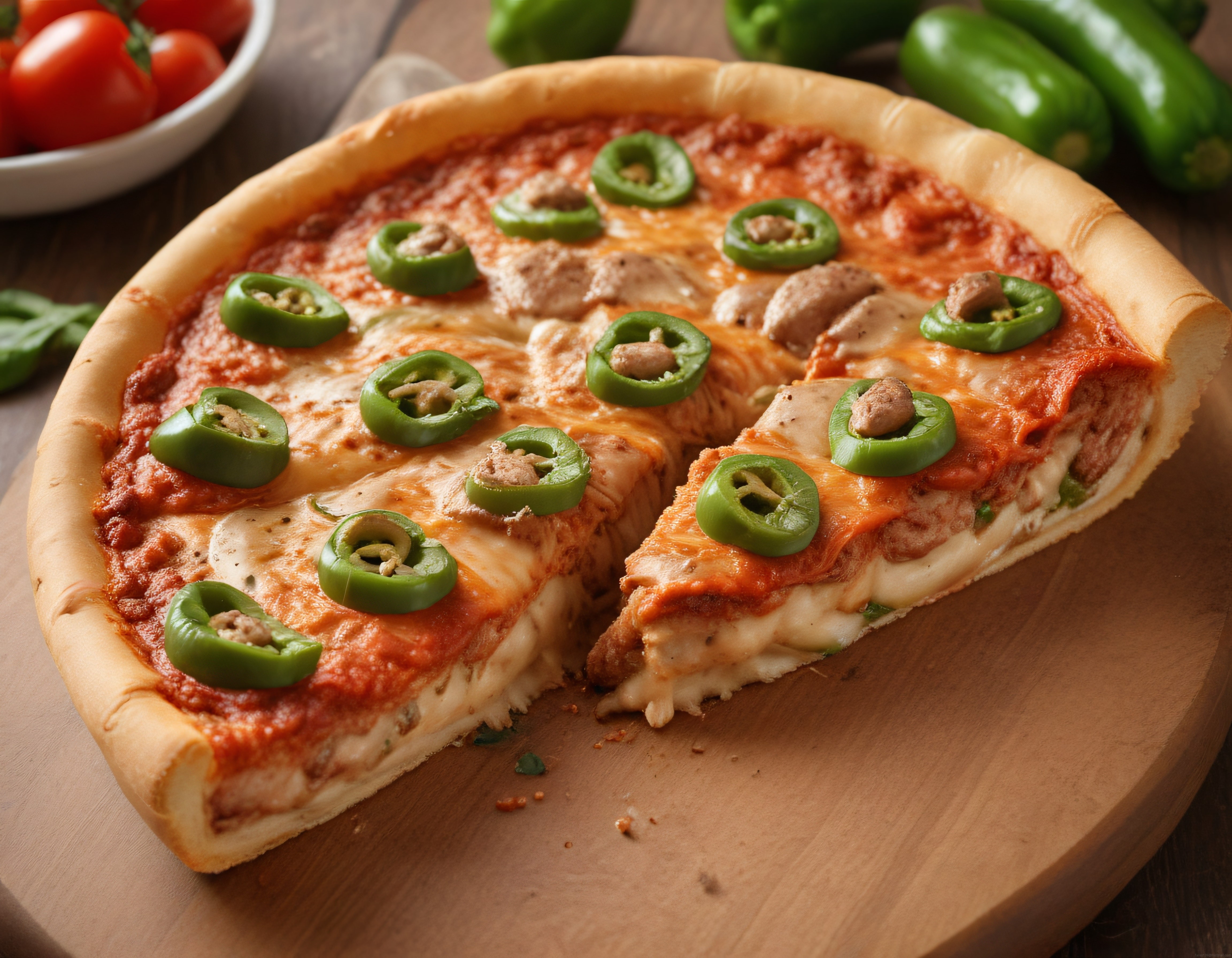 Ahşap Sunum Tahtasında Tavuklu ve Jalapeno Biberli Kıtır Kenarlı Pizza