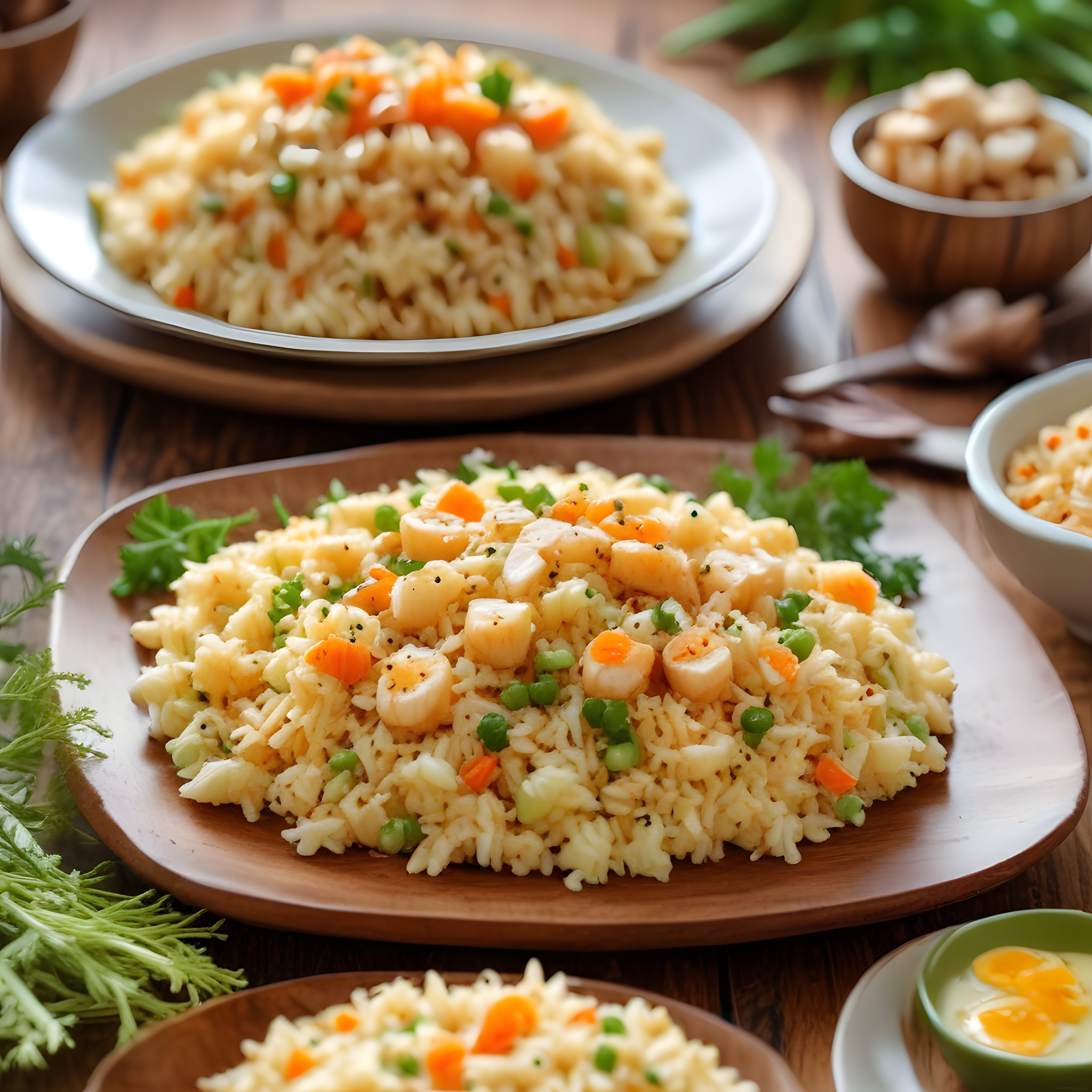 Ahşap sunum tahtasında tavuklu ve sebzeli aromatik pilav tabağı