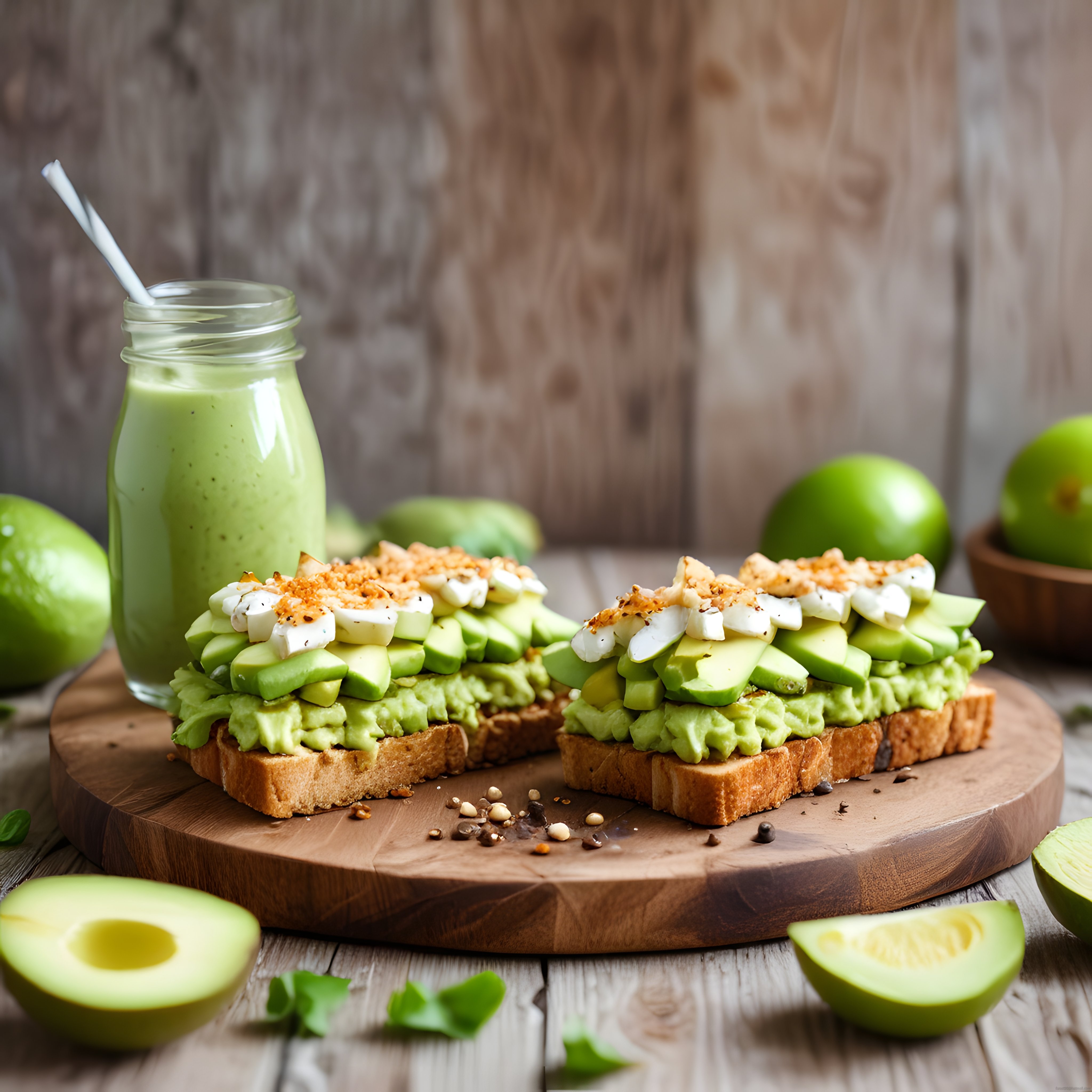 Ahşap sunum tahtasında taze avokado toast ve yeşil detoks smoothie servisi