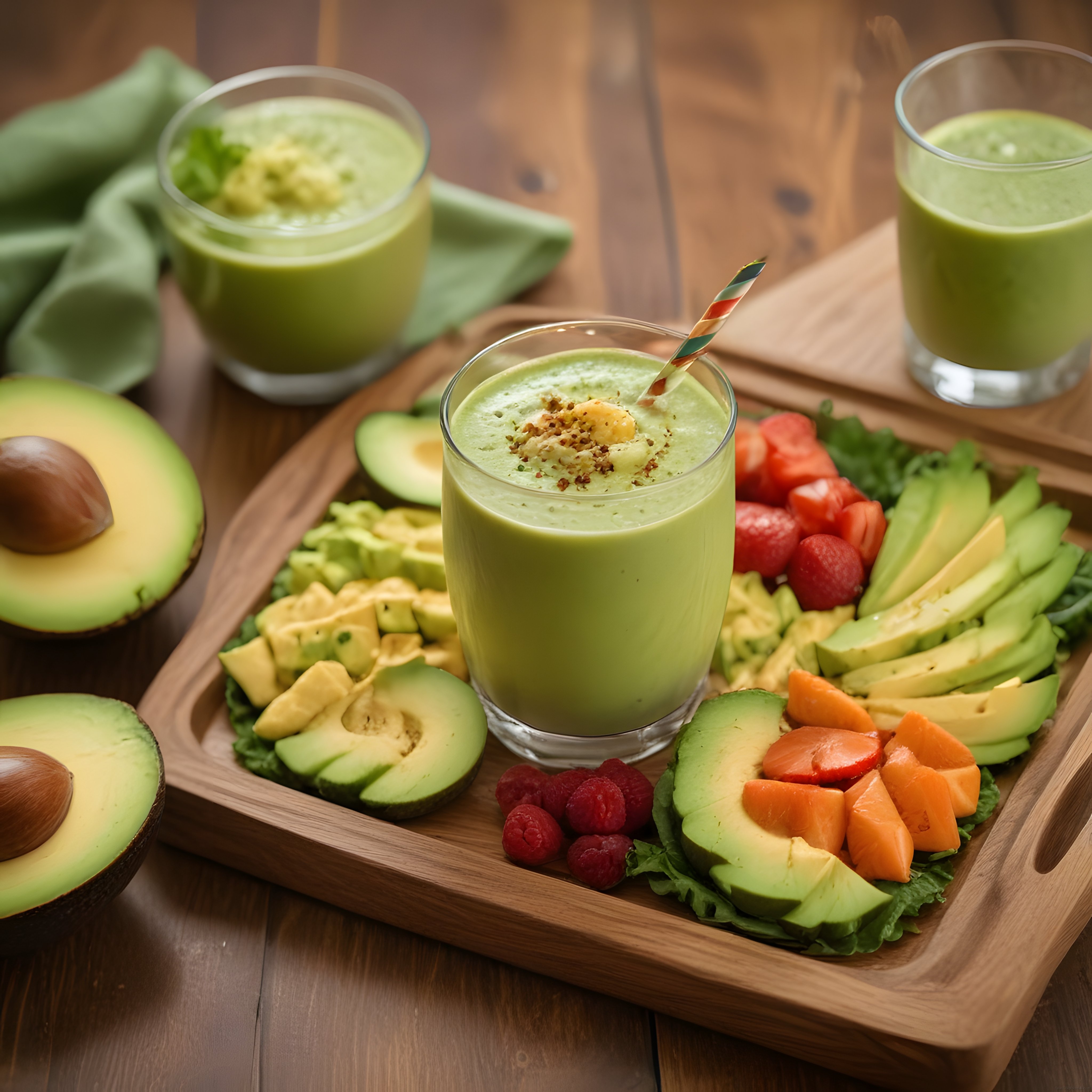 Ahşap Sunum Tahtasında Taze Avokado ve Çilekli Sağlıklı Yeşil Smoothie