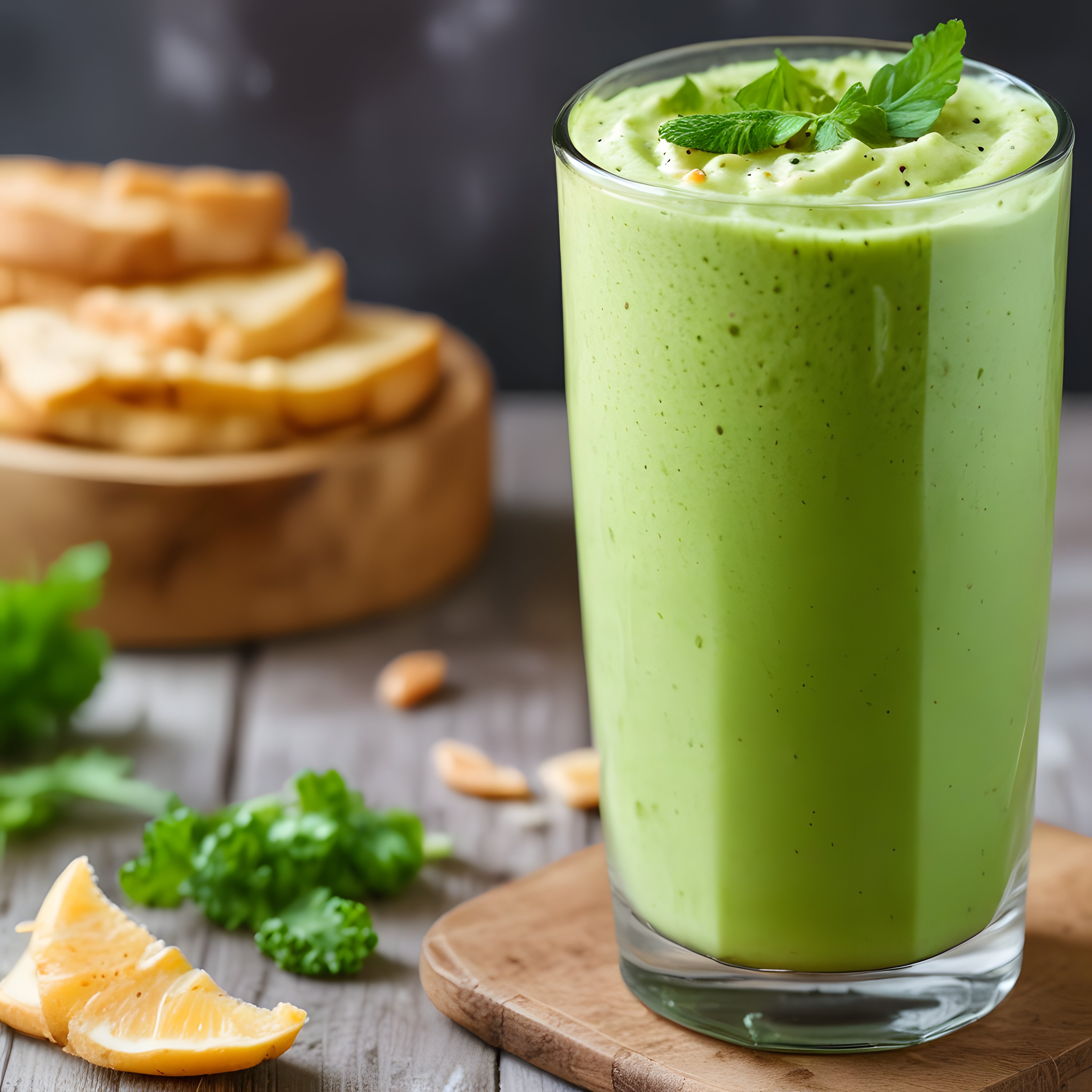 Ahşap Sunum Tahtasında Taze Avokado ve Limonlu Sağlıklı Yeşil Smoothie