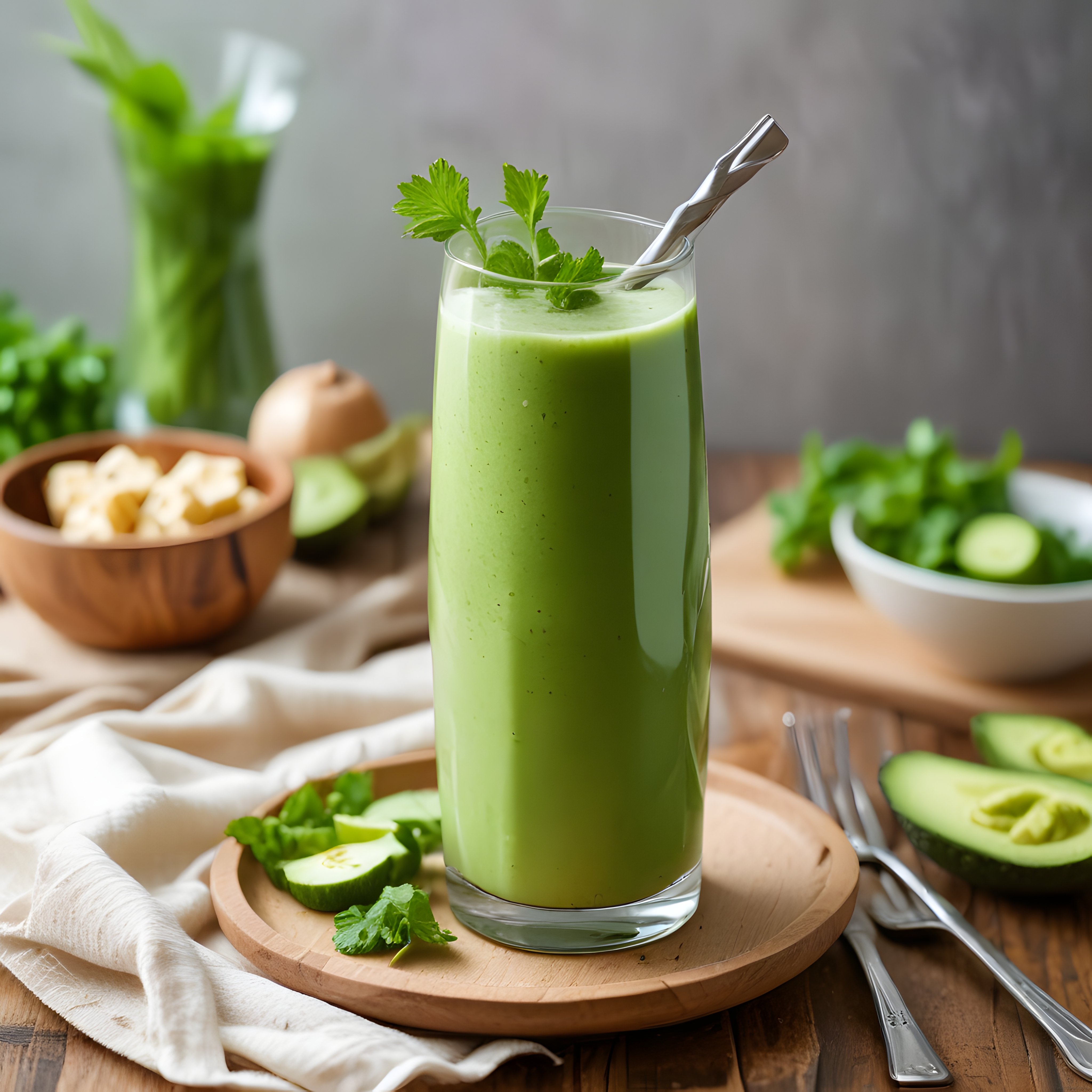 Ahşap Sunum Tahtasında Taze Avokado ve Salatalık Detoks Smoothie'si
