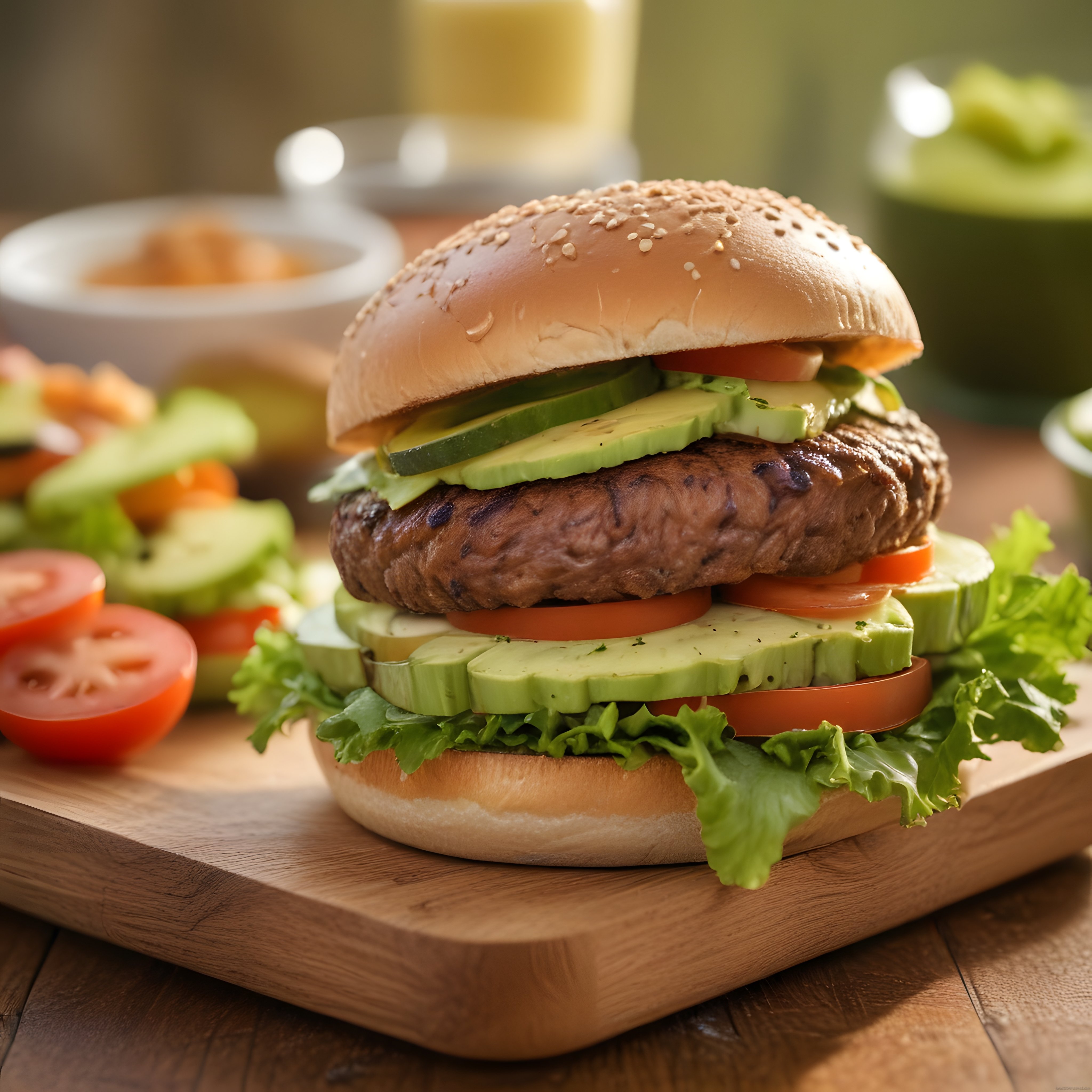 Ahşap Sunum Tahtasında Taze Avokadolu Izgara Gurme Hamburger