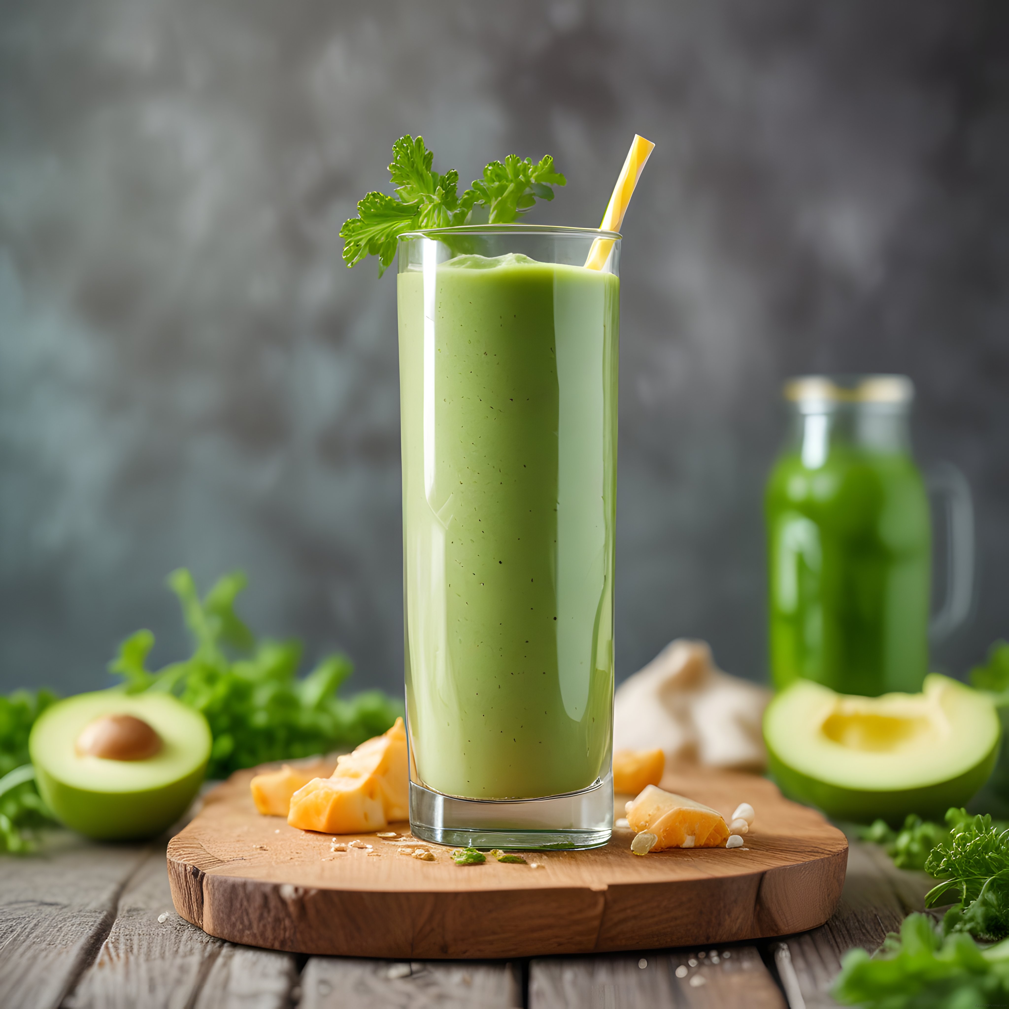 Ahşap Sunum Tahtasında Taze Avokadolu Yeşil Smoothie ve Sağlıklı Beslenme